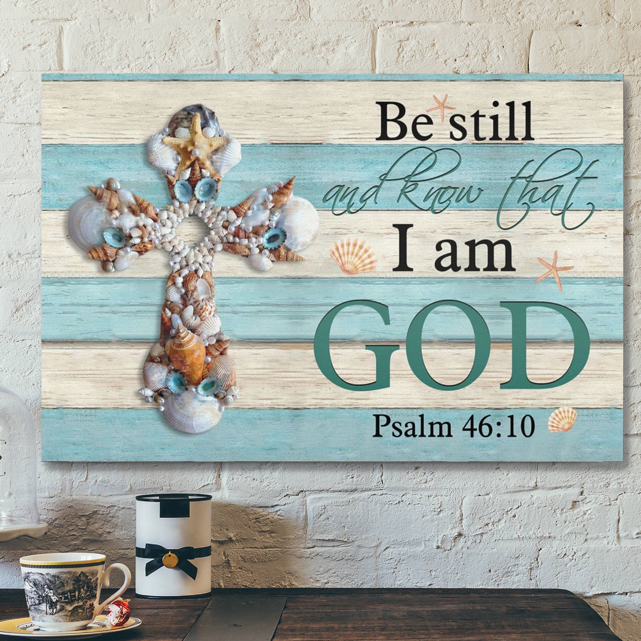 Bible Verse Canvas – Seashell Cross Be Still And Know Psalm 4610 Wall Art Canvas – Scripture Canvas Wall Art