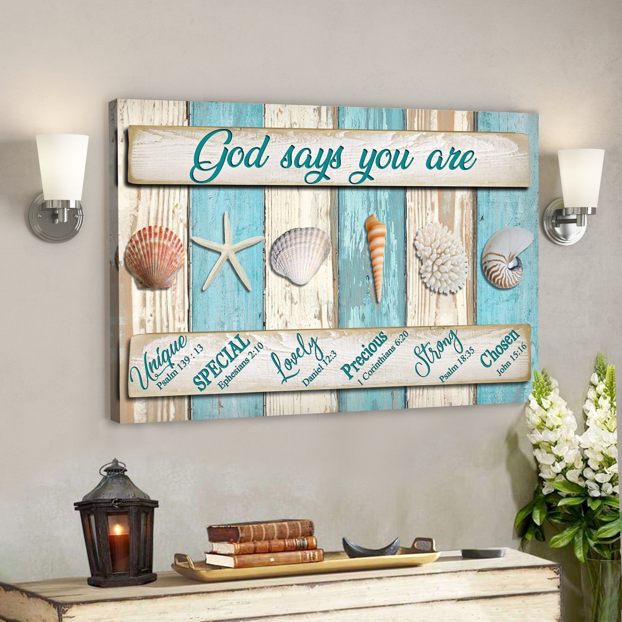 Bible Verse Canvas – Seashell – God Says You Are Canvas Print – Scripture Canvas Wall Art