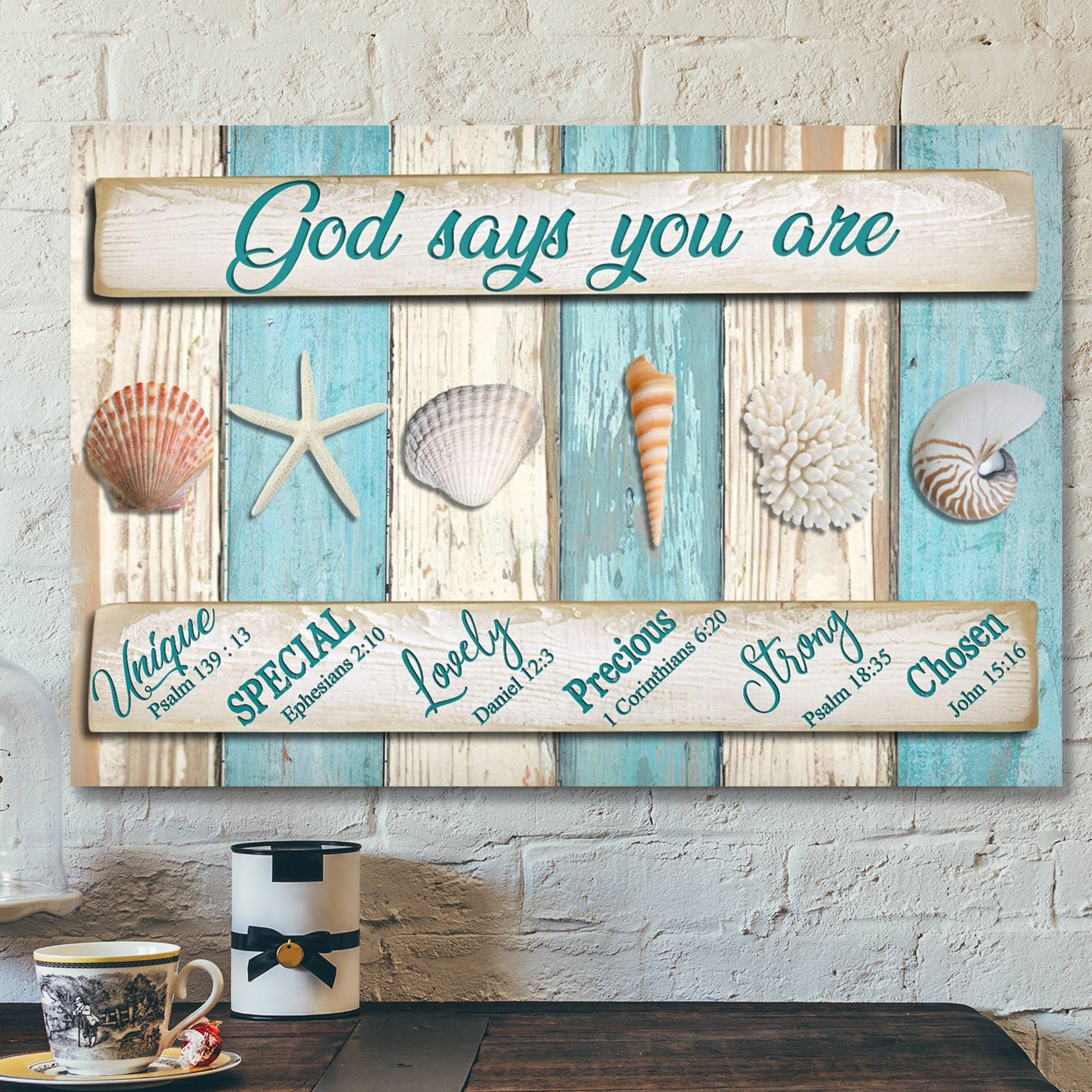 Bible Verse Canvas – Seashell – God Says You Are Canvas Print – Scripture Canvas Wall Art