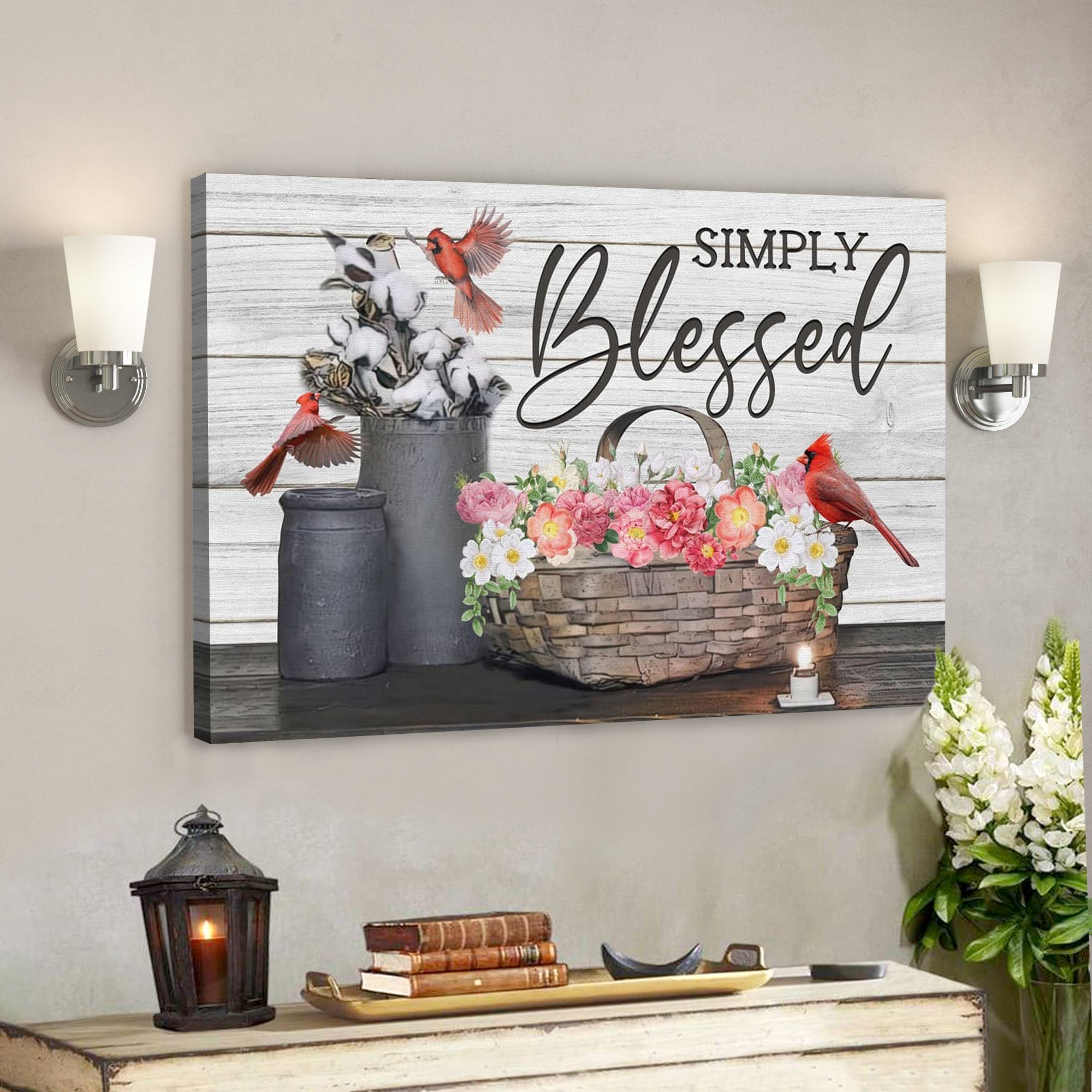 Bible Verse Canvas – Simply Blessed Hummingbird Flowers Wall Art Canvas – Scripture Canvas Wall Art