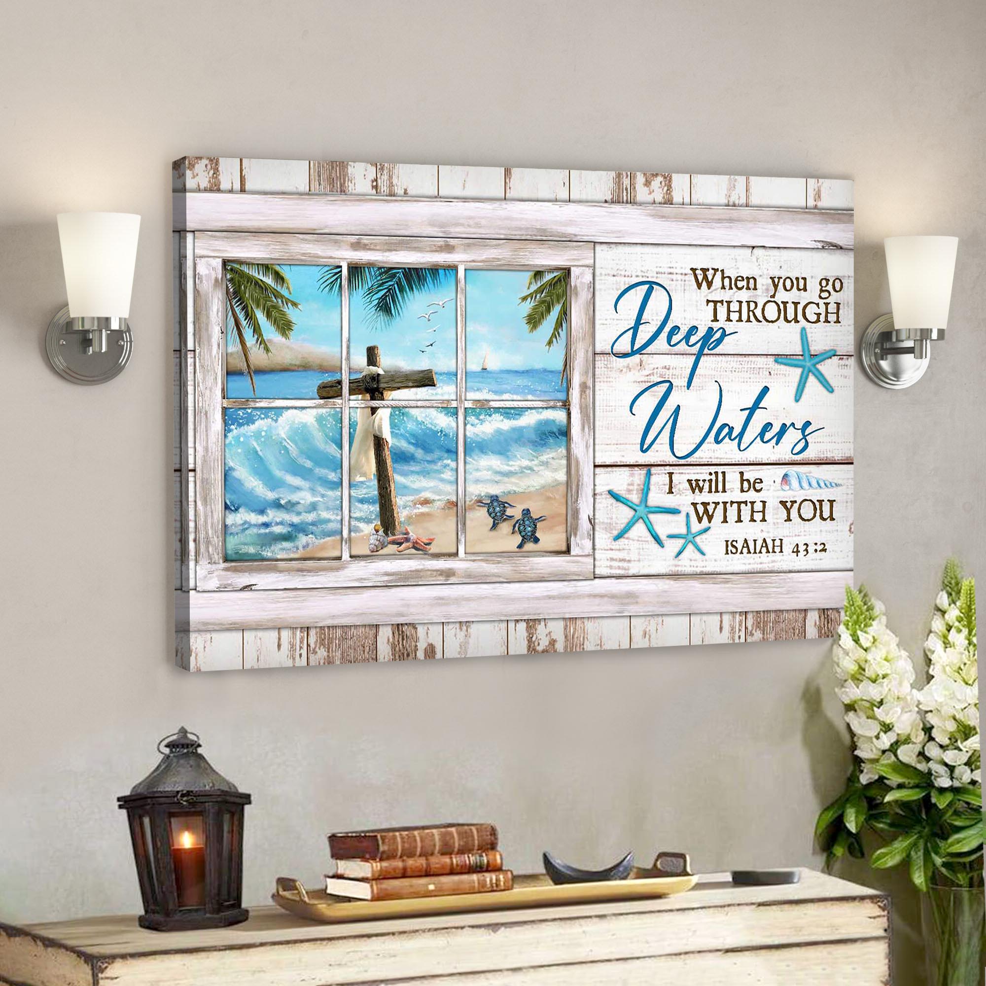 Bible Verse Canvas – The Cross And Turtle On The Beach – When You Go Through Deep Water I Will Be With You Canvas