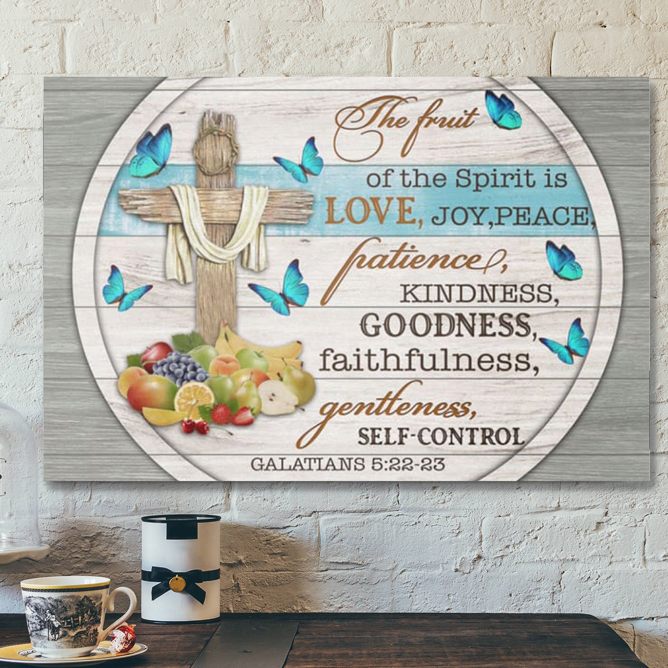 Bible Verse Canvas – The Fruit Of The Spirit Butterfly Cross Canvas – Scripture Canvas Wall Art