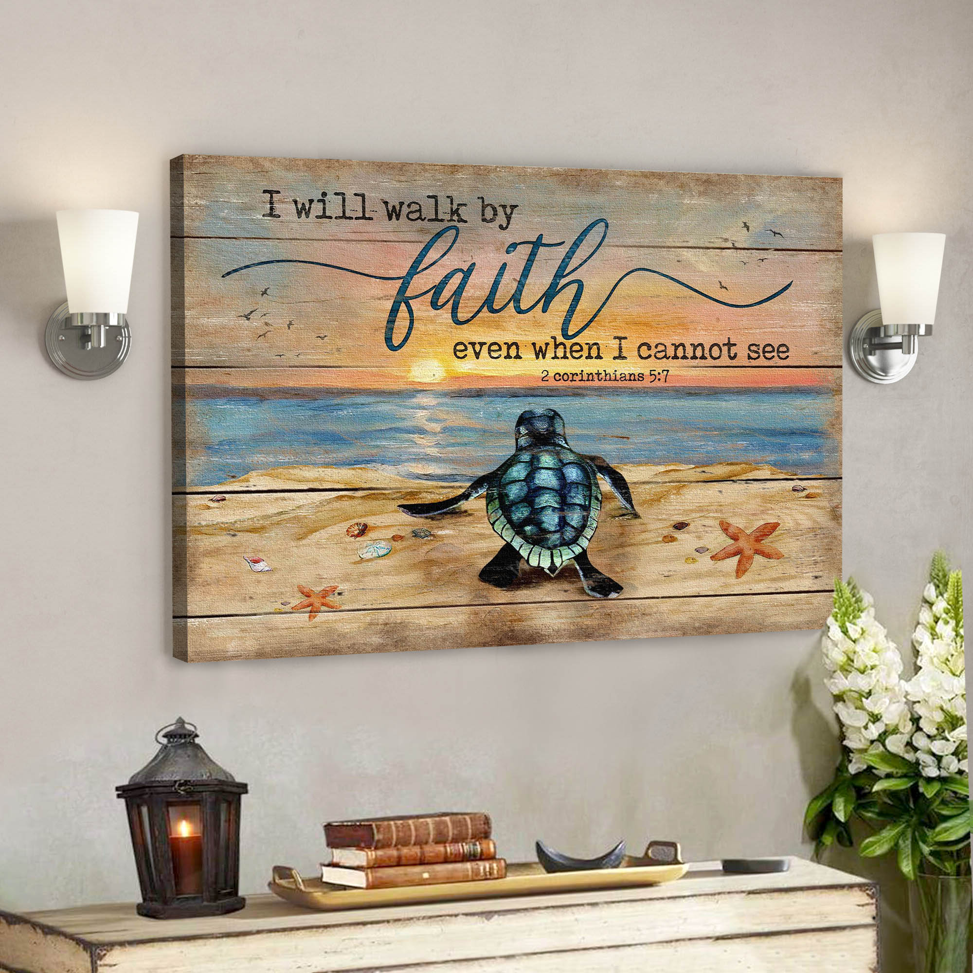 Bible Verse Canvas – Turtle Canvas Wall Art – I Will Walk By Faith Canvas – Scripture Canvas Wall Art