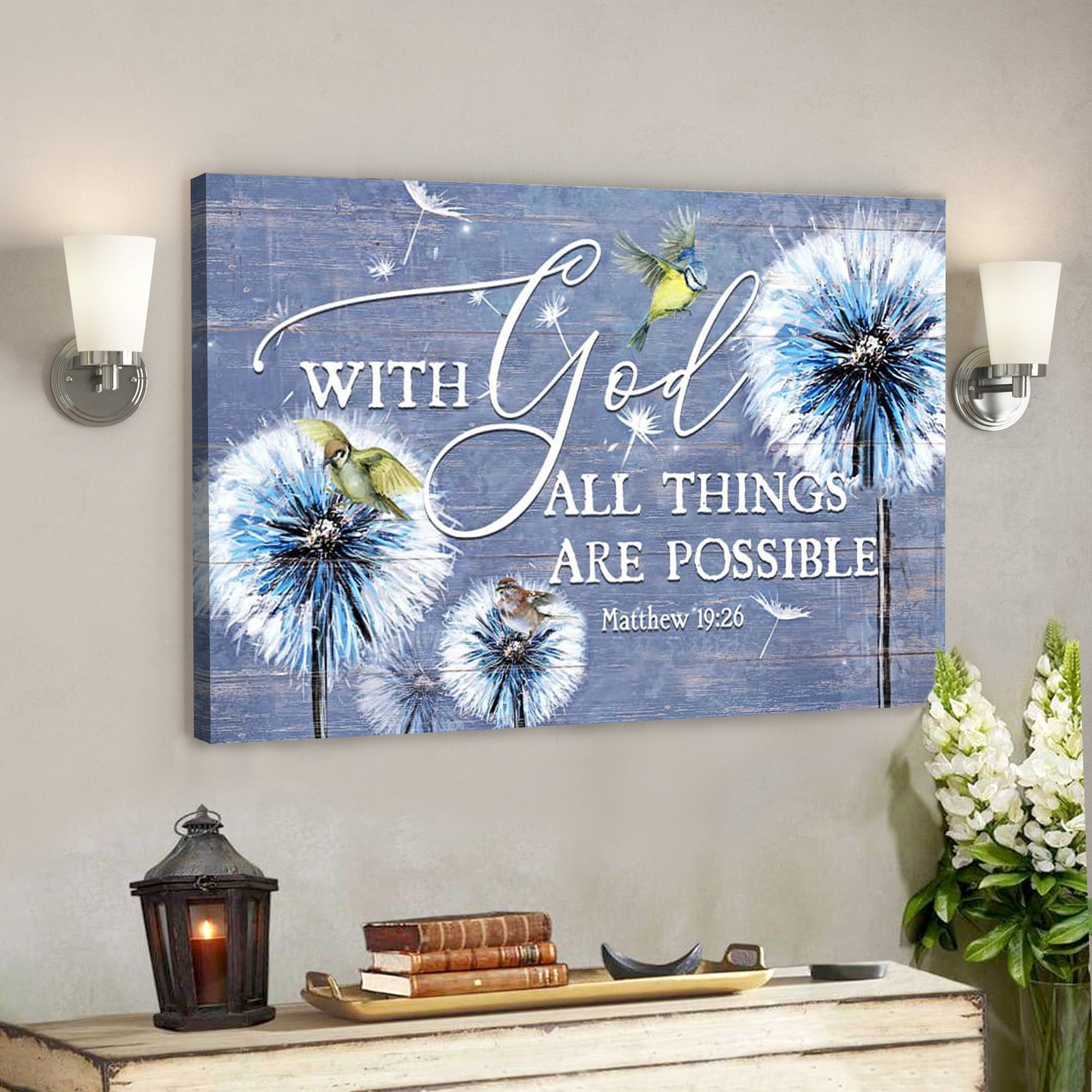 Bible Verse Canvas – With God All Things Are Possible Dandelion Sparrow Wall Art Canvas – Scripture Canvas Wall Art