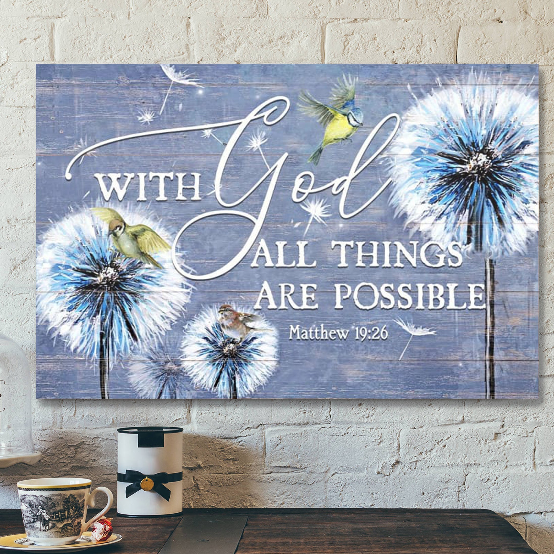 Bible Verse Canvas – With God All Things Are Possible Dandelion Sparrow Wall Art Canvas – Scripture Canvas Wall Art