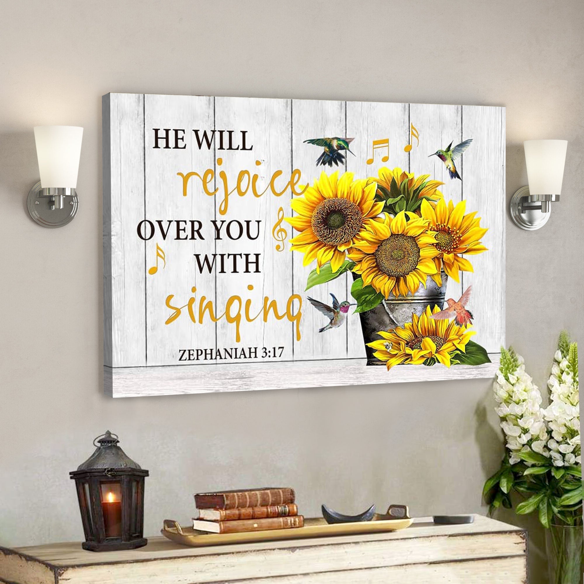 Bible Verse Canvas – Zephaniah 317 He Will Rejoice Over You With Singing Canvas – Scripture Canvas Wall Art