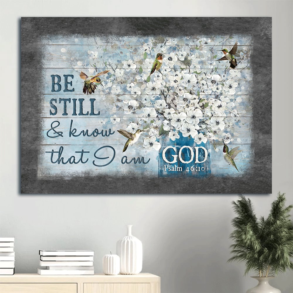 Bible Verse Hummingbird Painting White Flowers Be Still & Know That I Am God Canvas Wall Art – Christian Wall Decor