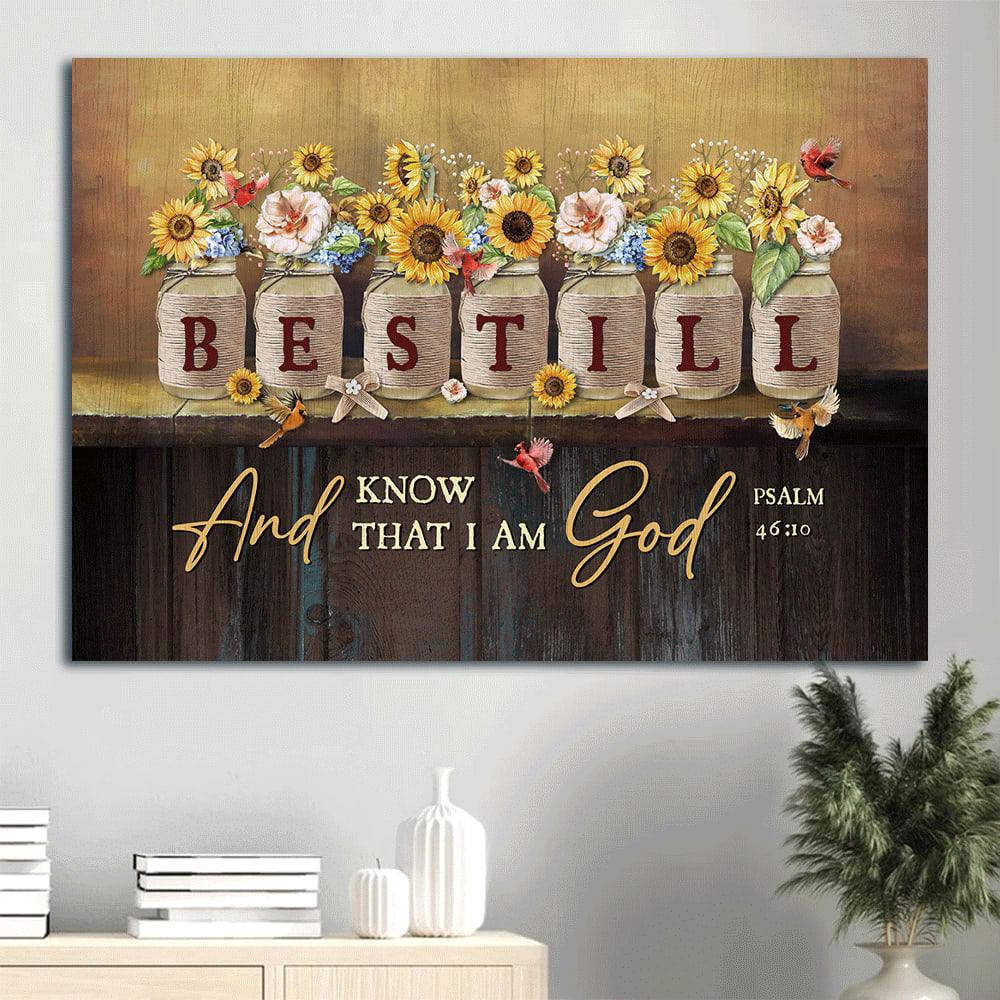 Bible Verse Sunflower Jars Red Cardinal Be Still And Know That I Am God Canvas Wall Art – Christian Wall Decor