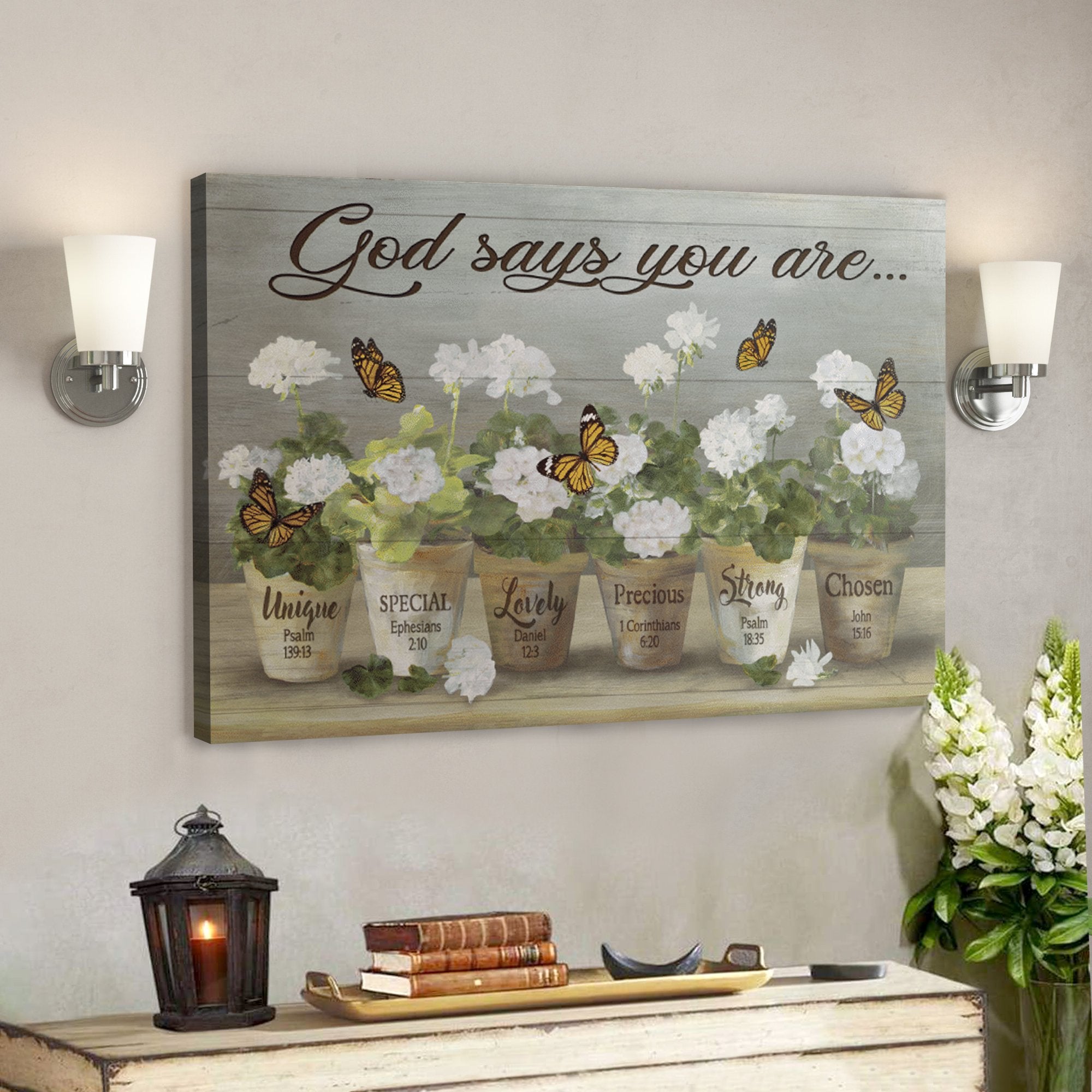 Bible Verse Wall Art Canvas – Beautiful Flower And Butterfly – God Says You Are Canvas