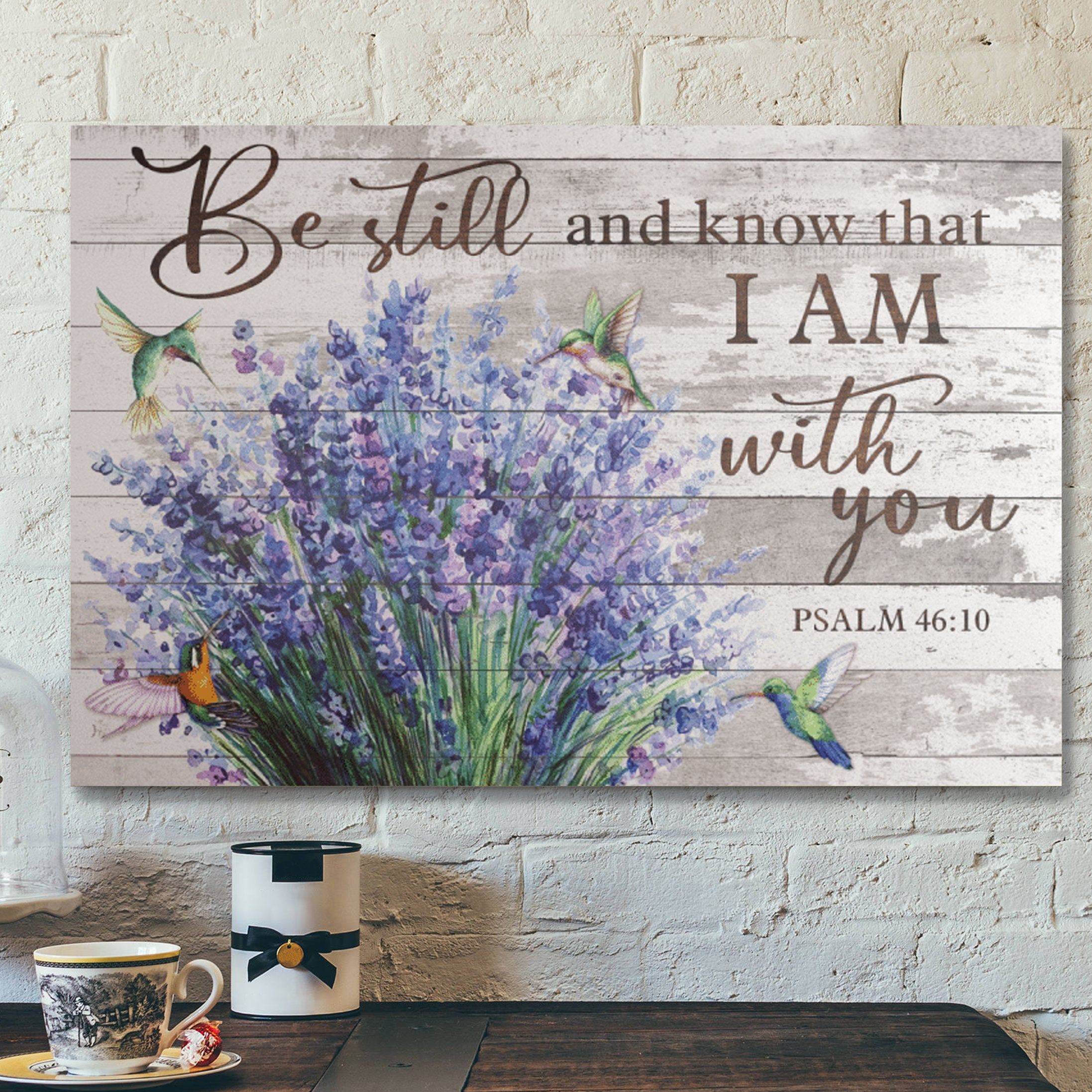 Bible Verse Wall Art Canvas – Bellflowers And Hummingbird – Be Still And Know That I Am With You Canvas