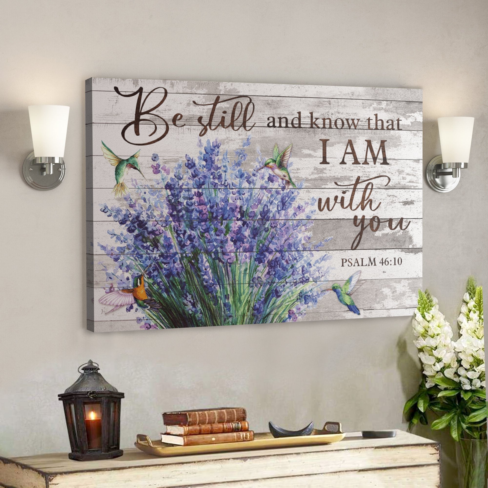 Bible Verse Wall Art Canvas – Bellflowers And Hummingbird – Be Still And Know That I Am With You Canvas