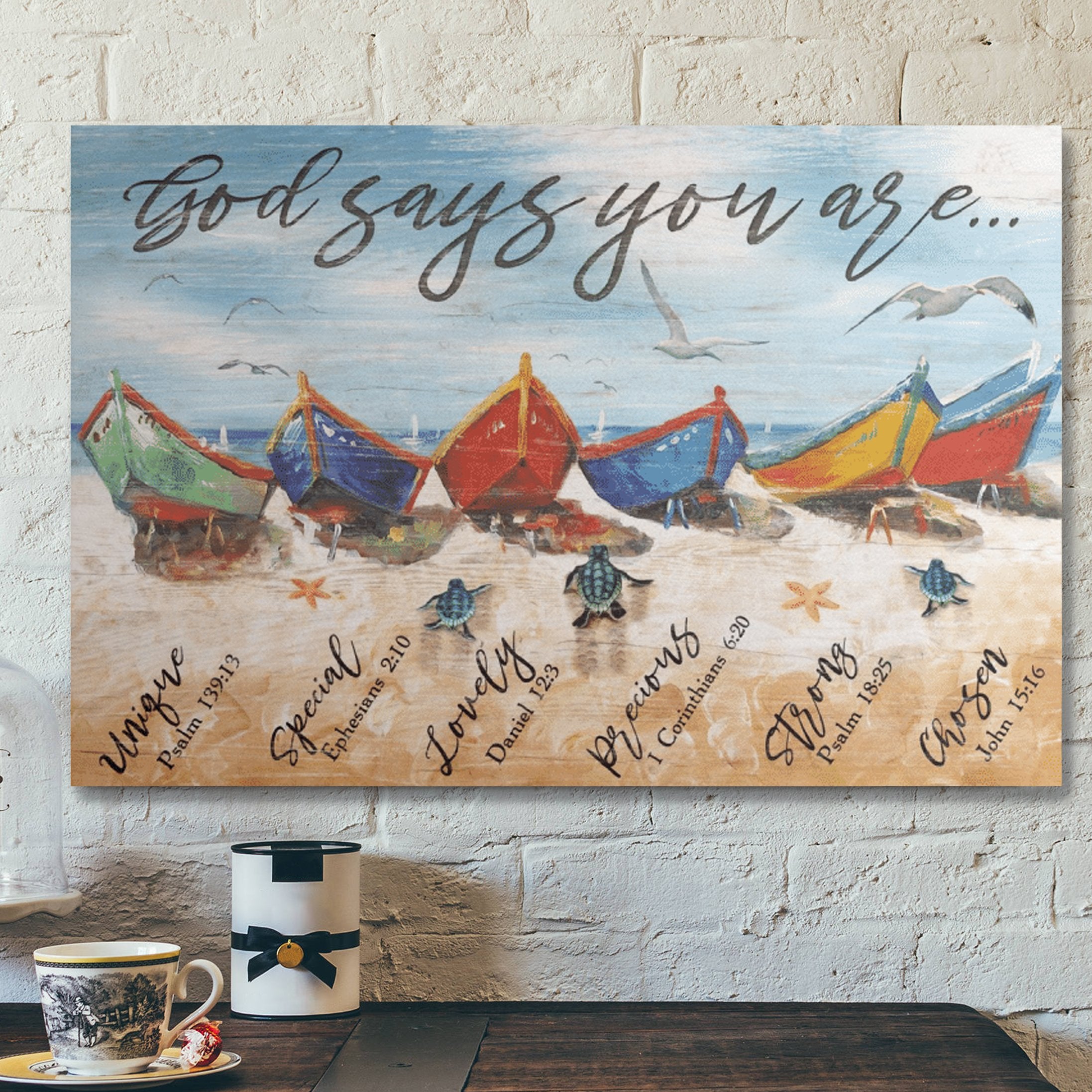 Bible Verse Wall Art Canvas – Colorful Boats – God Says You Are Canvas