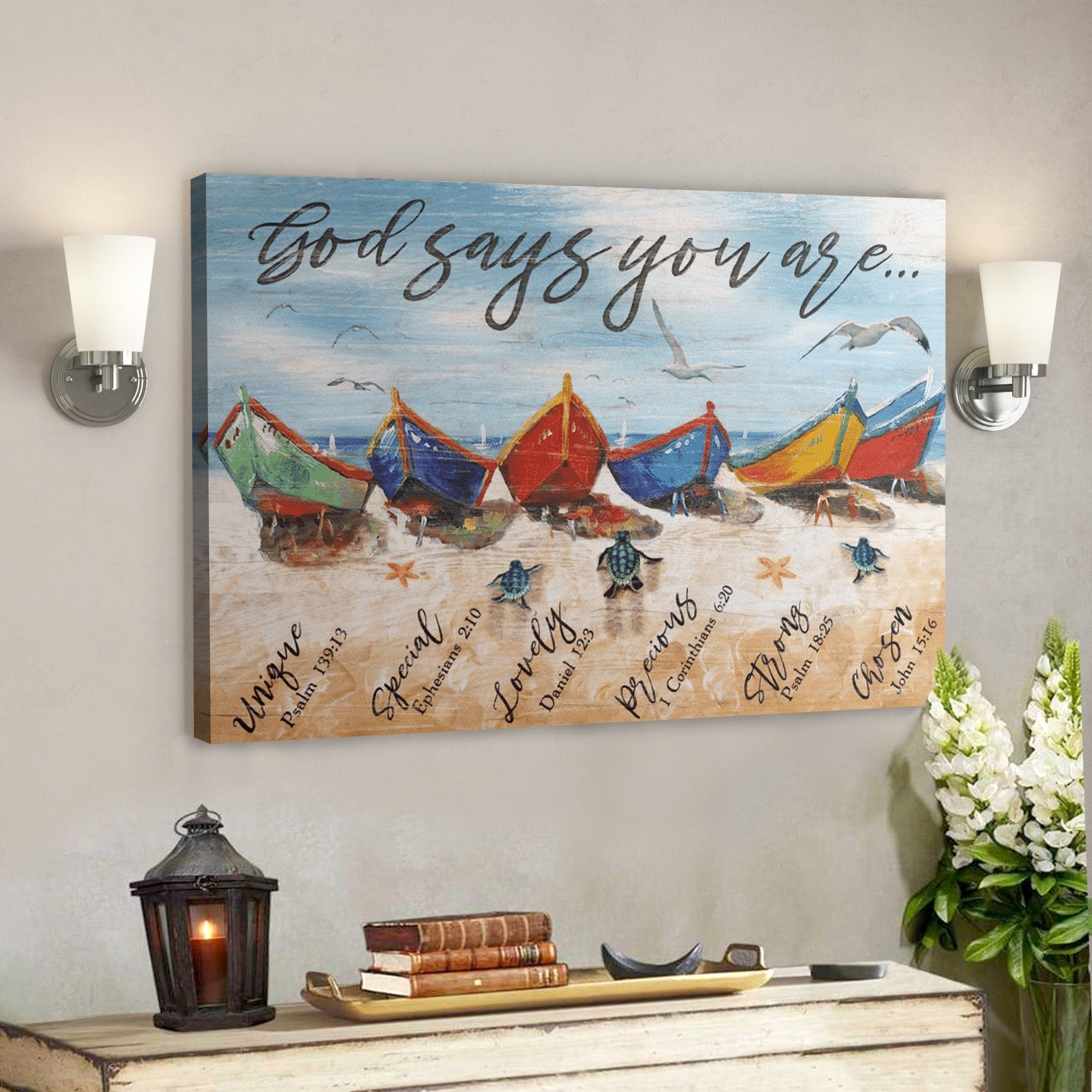 Bible Verse Wall Art Canvas – Colorful Boats – God Says You Are Canvas