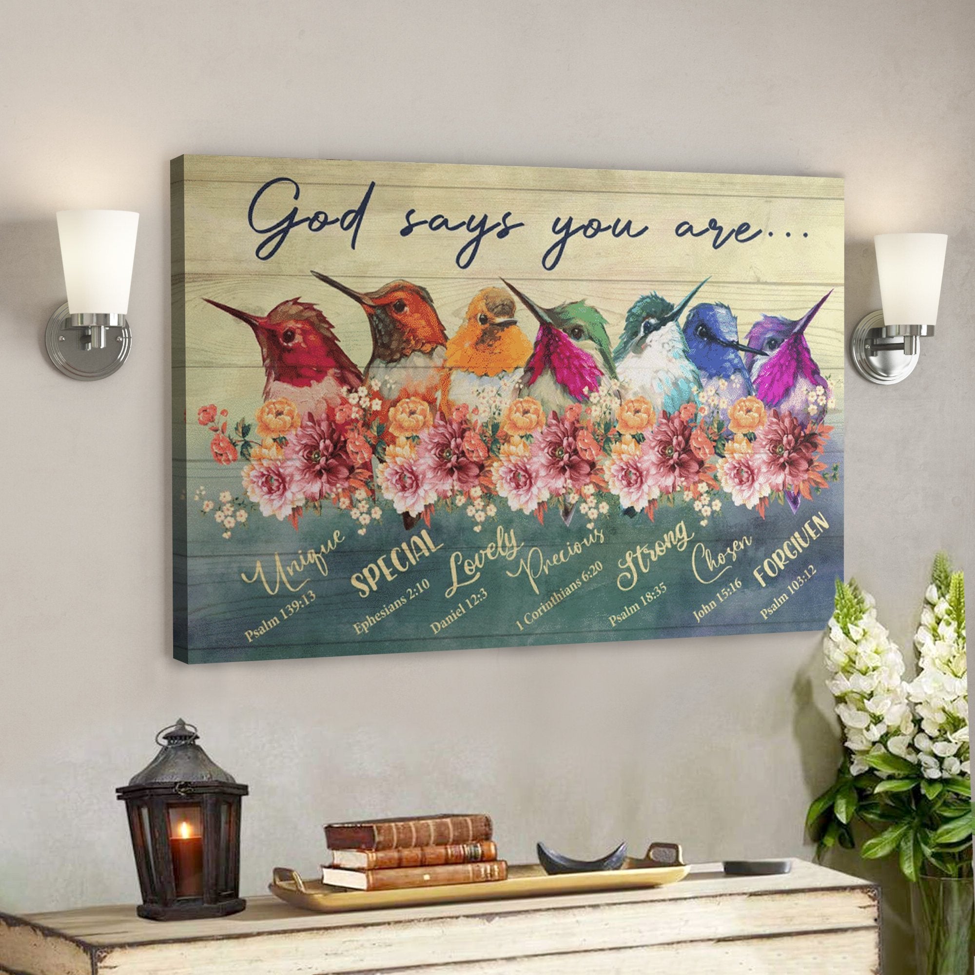 Bible Verse Wall Art Canvas – Colorful Hummingbird – God Says You Are Canvas