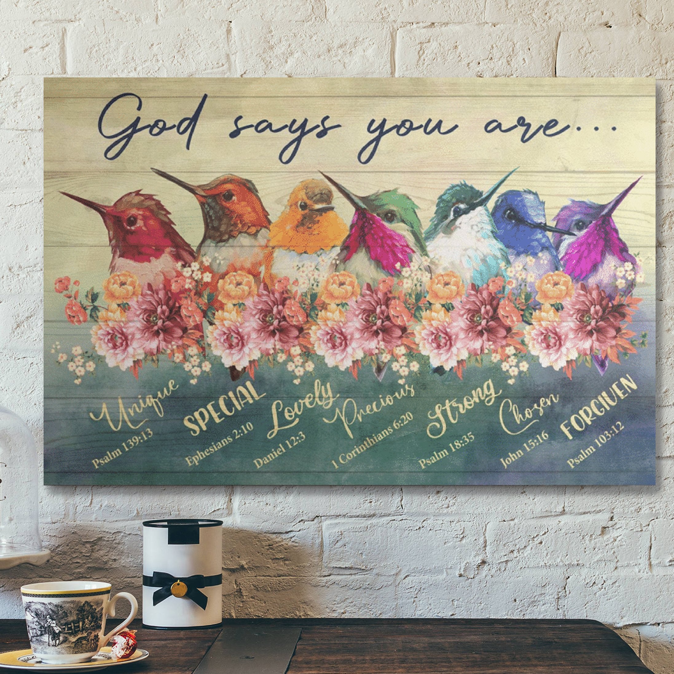 Bible Verse Wall Art Canvas – Colorful Hummingbird – God Says You Are Canvas