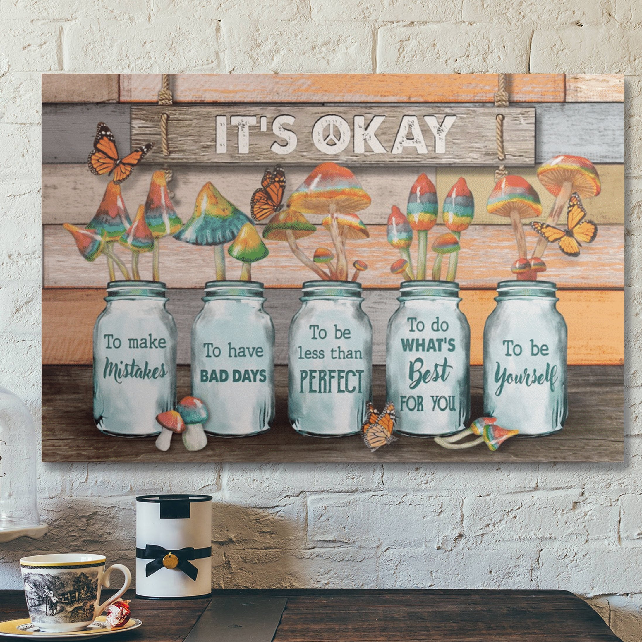 Bible Verse Wall Art Canvas – Colorful Mushroom – Its Okay To Be Yourself Canvas