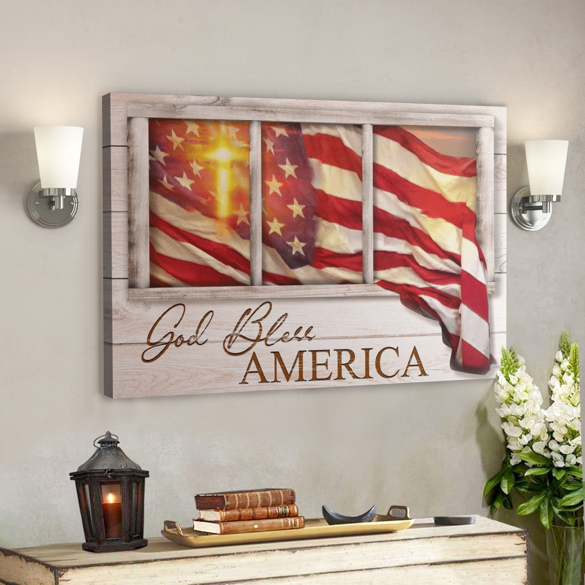 Bible Verse Wall Art Canvas – Cross Of Light – God Bless America Canvas