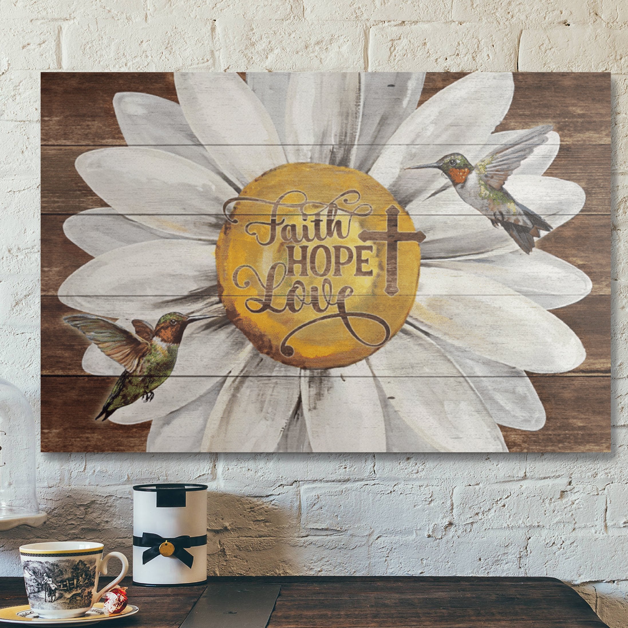 Bible Verse Wall Art Canvas – Daisy And Hummingbird – Faith Love Hope Canvas