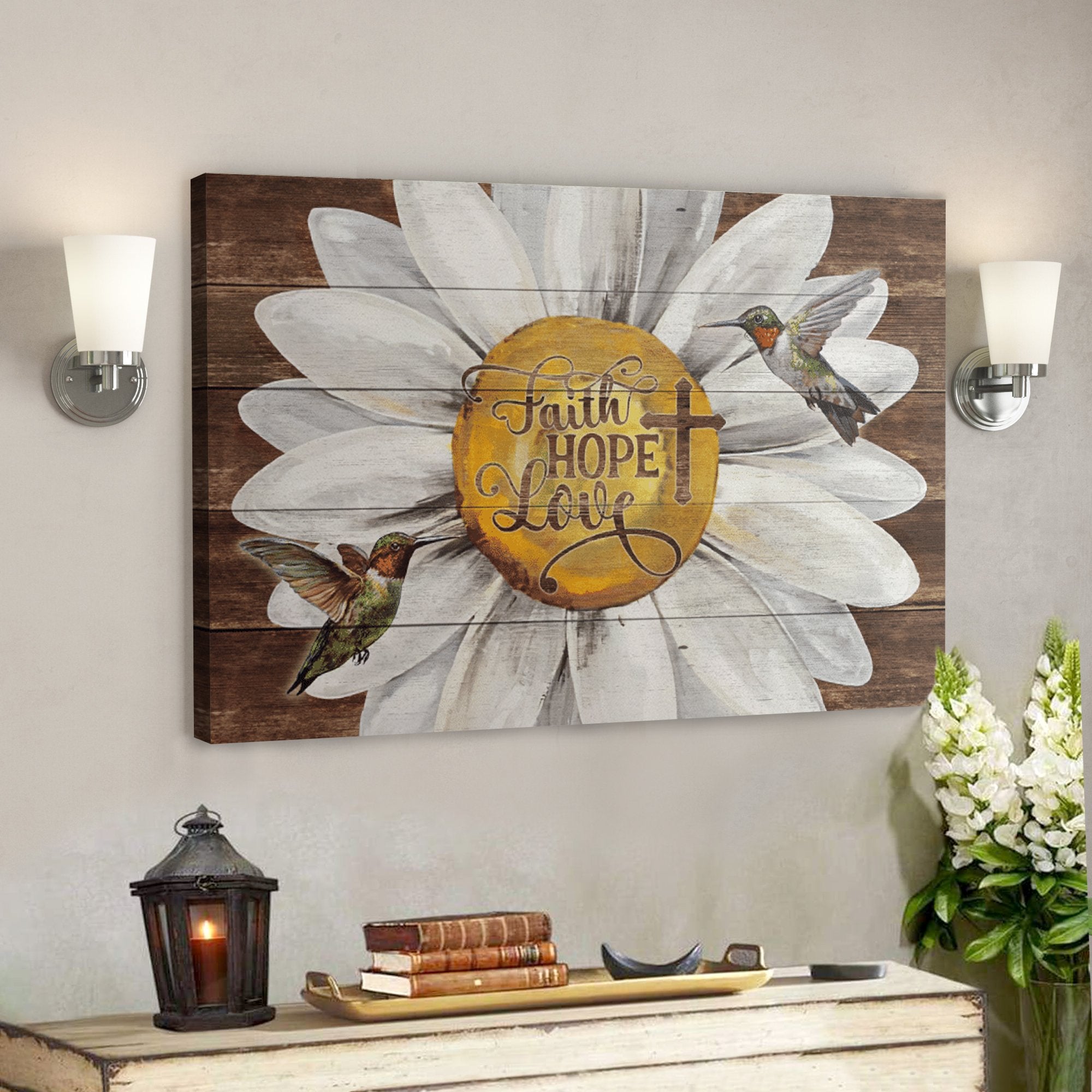 Bible Verse Wall Art Canvas – Daisy And Hummingbird – Faith Love Hope Canvas