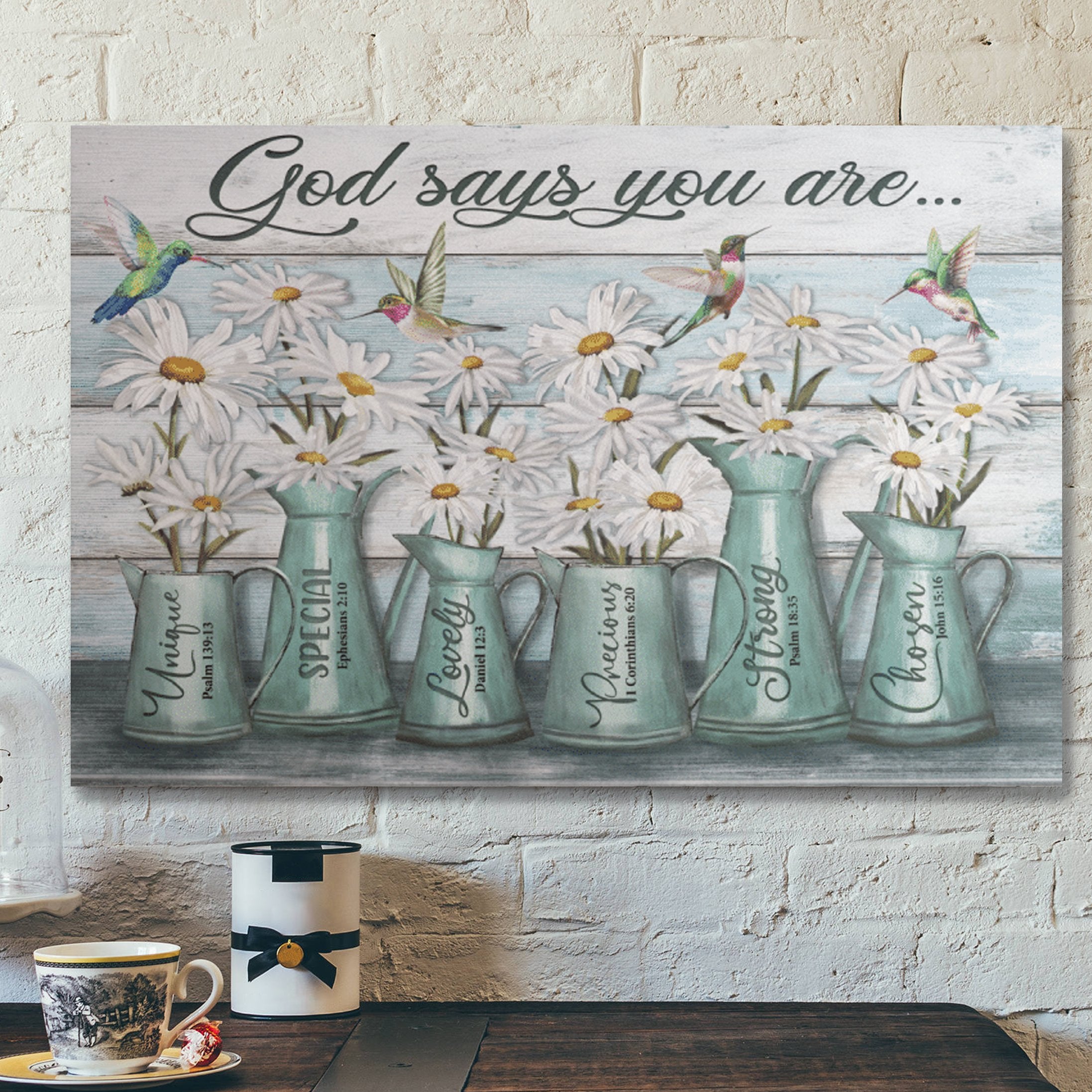 Bible Verse Wall Art Canvas – Daisy And Hummingbird – God Says You Are Peaceful Blue Canvas