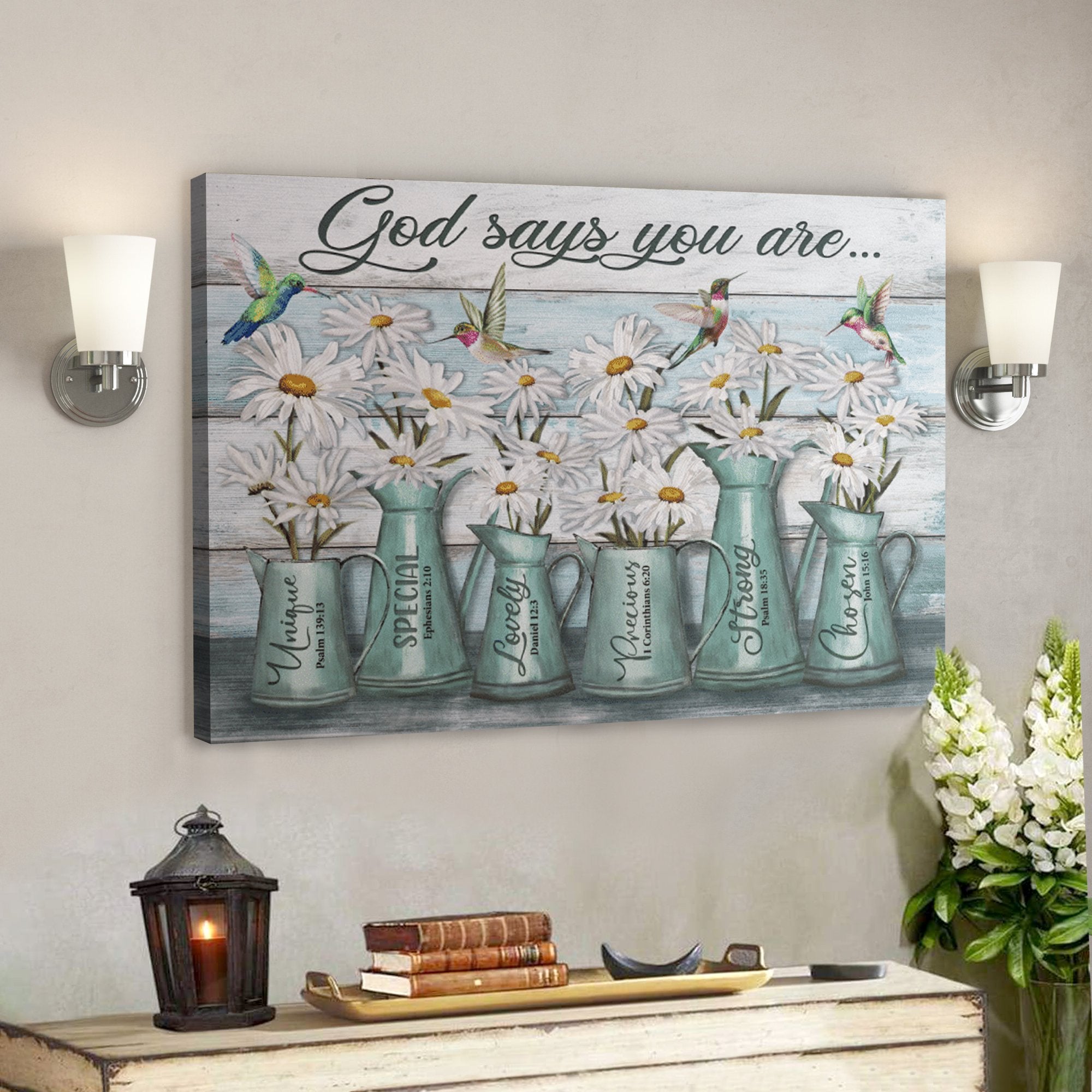 Bible Verse Wall Art Canvas – Daisy And Hummingbird – God Says You Are Peaceful Blue Canvas