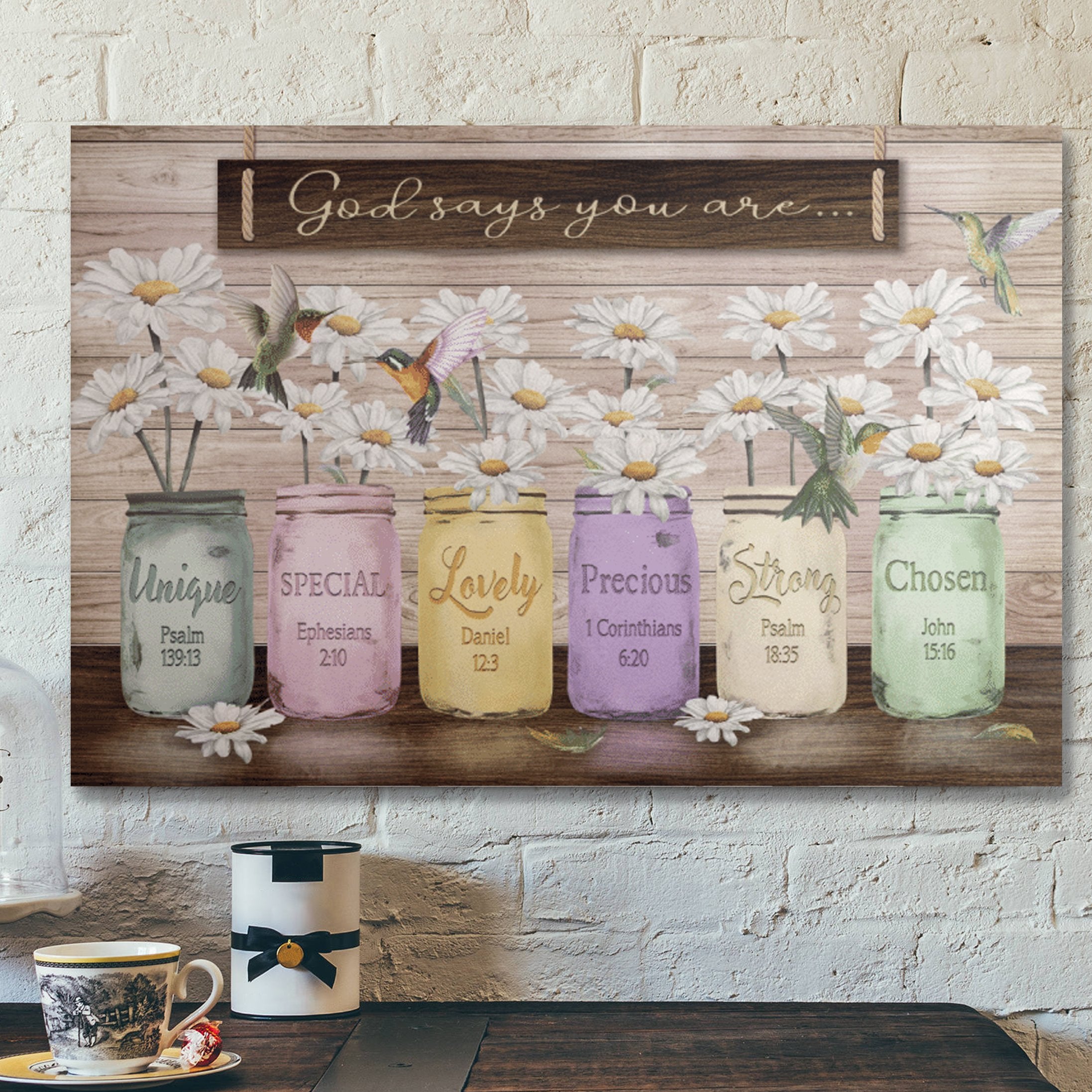 Bible Verse Wall Art Canvas – Daisy Jar Vase – God Says You Are Canvas