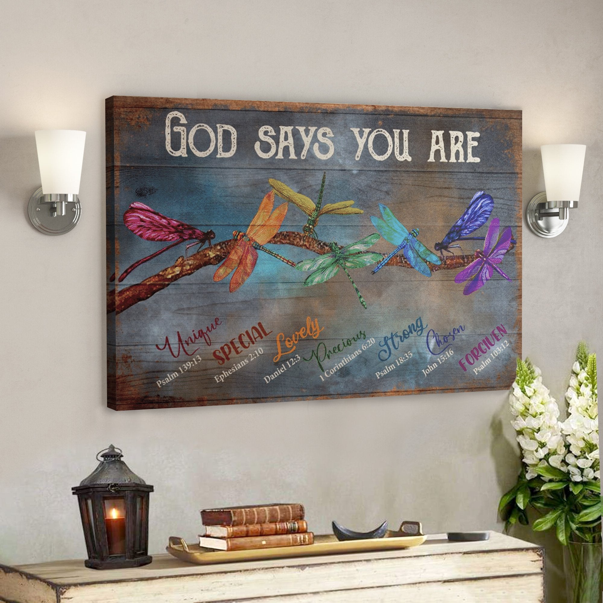 Bible Verse Wall Art Canvas – Dragonfly – God Says You Are Canvas