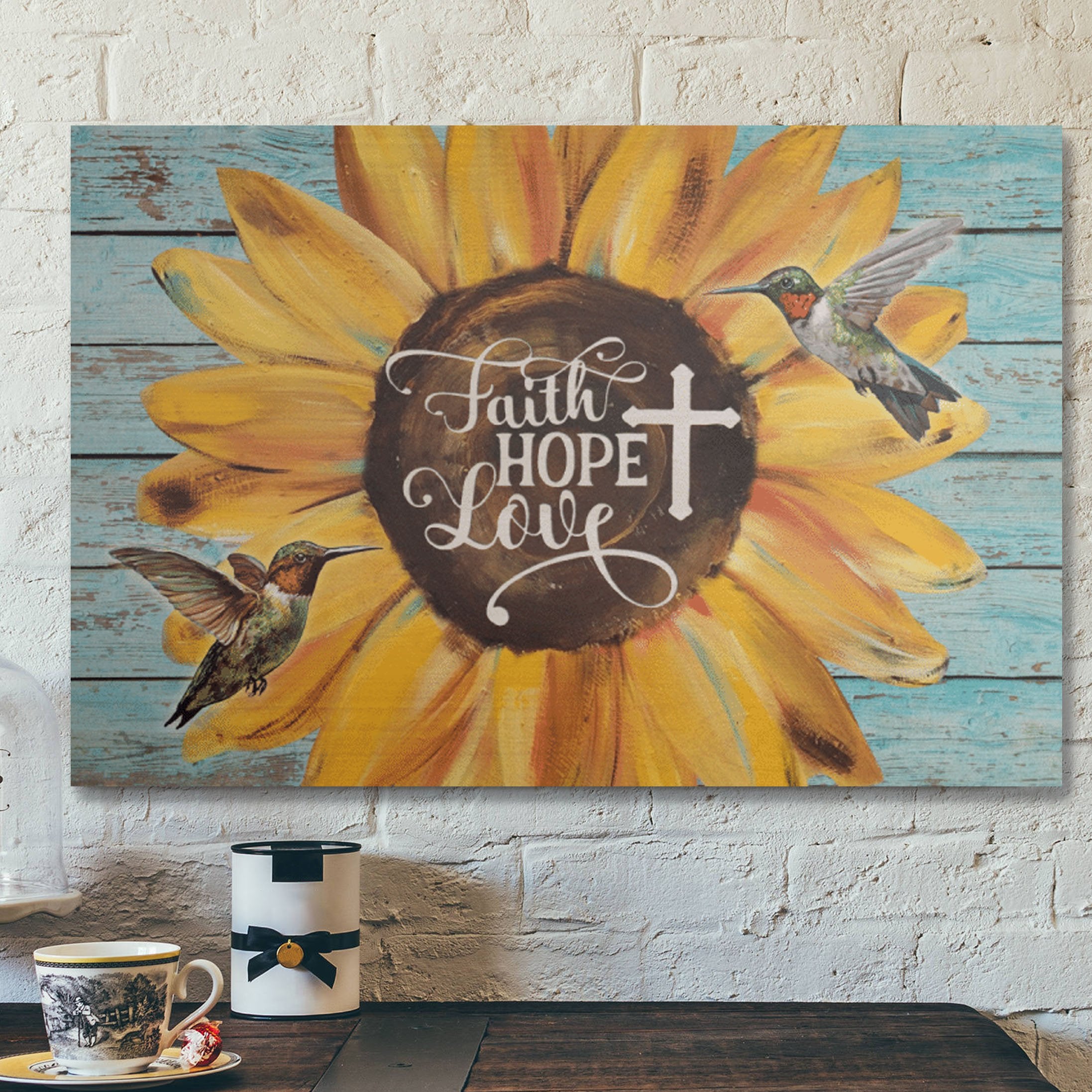 Bible Verse Wall Art Canvas – Green Hummingbird And Sunflower – Faith Love Hope Canvas