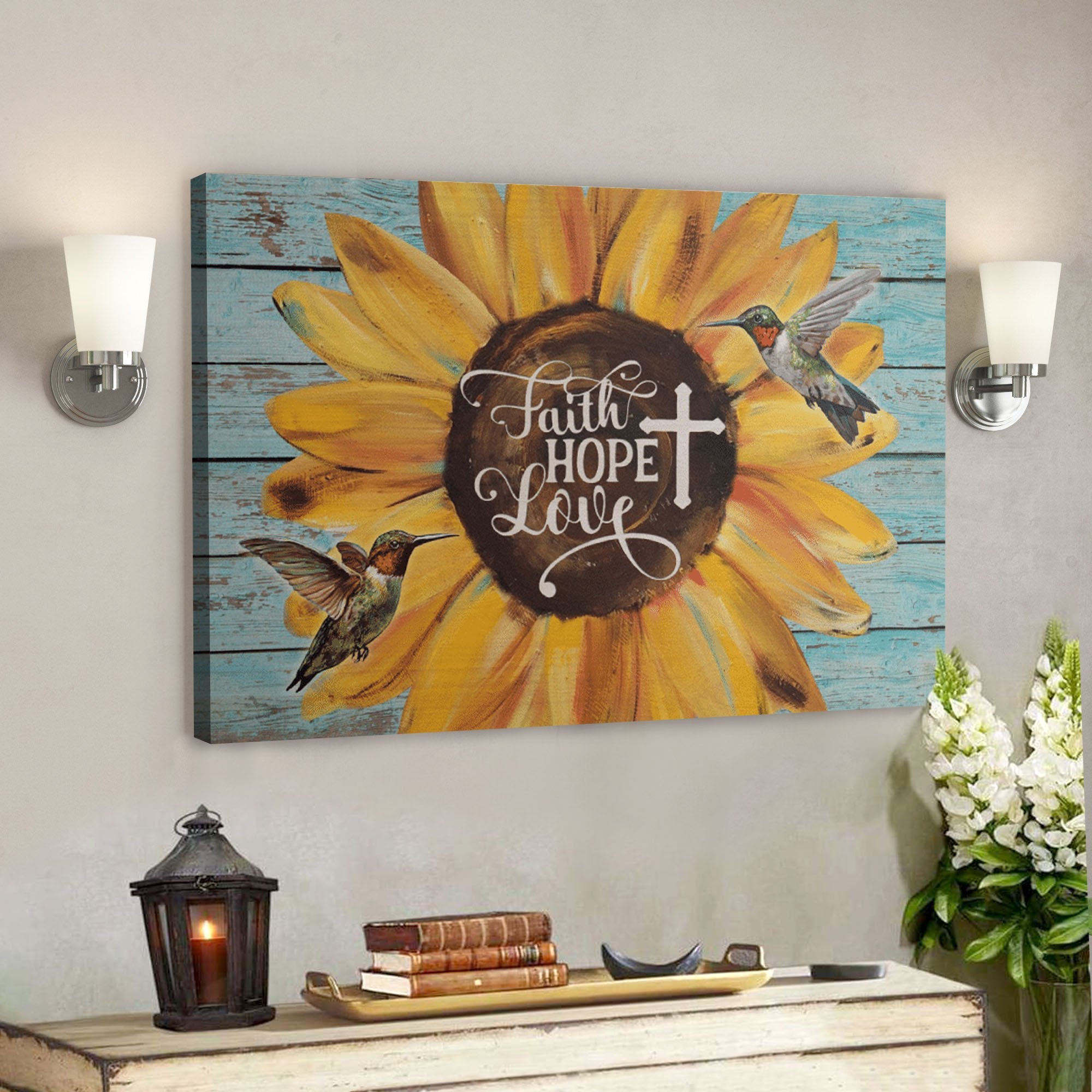 Bible Verse Wall Art Canvas – Green Hummingbird And Sunflower – Faith Love Hope Canvas