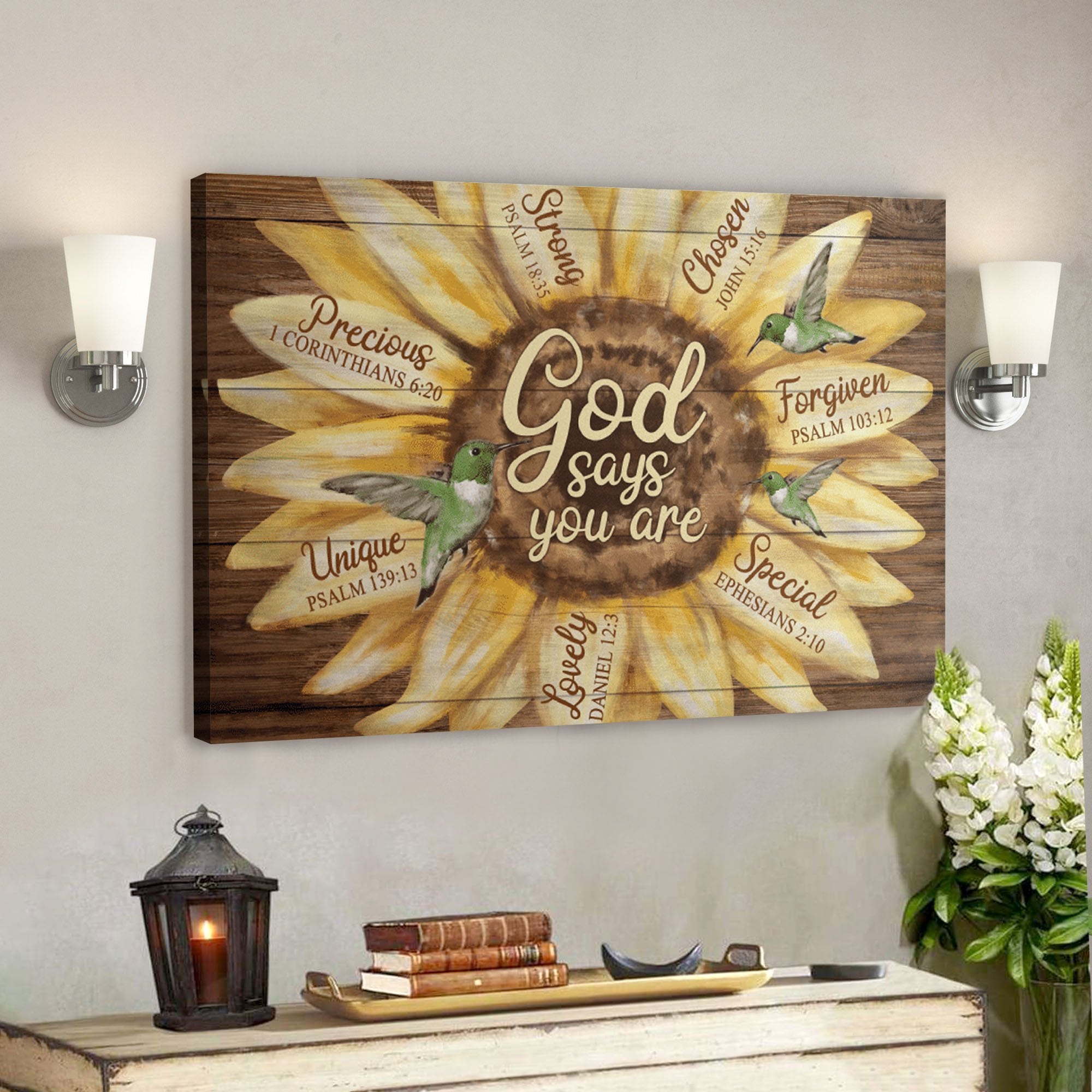 Bible Verse Wall Art Canvas – Green Hummingbird – God Says You Are Canvas