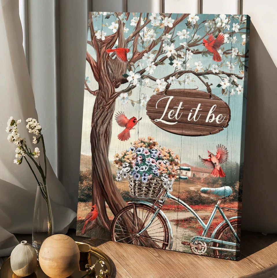 Bicycle Drawing Flower Basket Cardinals Canvas – Let It Be Canvas Posters – Christian Wall Posters – Religious Wall Decor