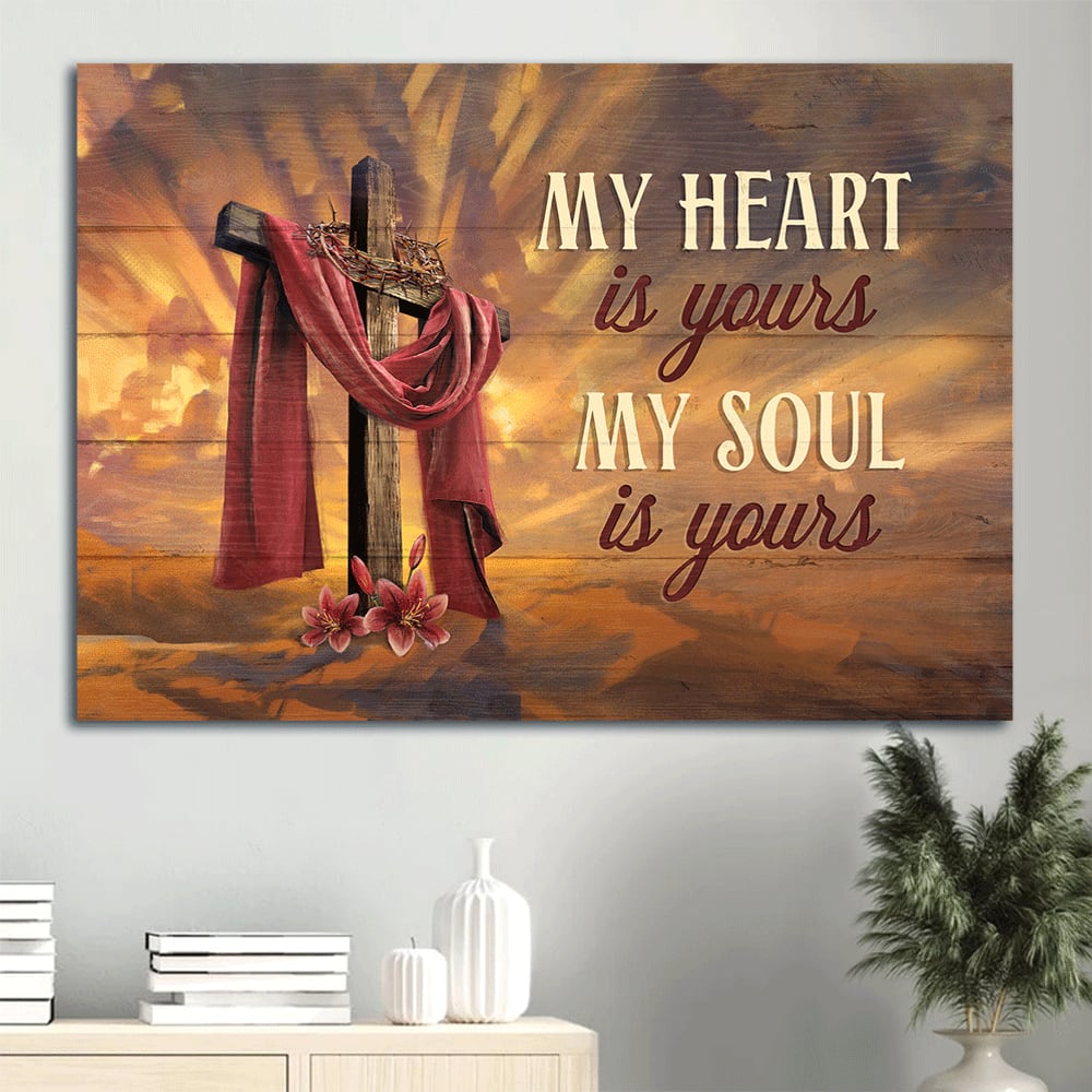 Big Cross Crown Of Thorn Red Lily Flower My Heart Is Yours My Soul Is Yours Canvas Wall Art – Christian Wall Decor