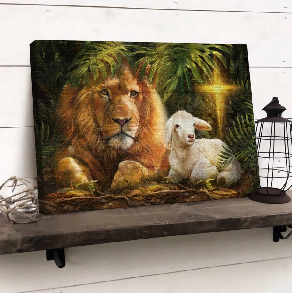 Big Lion King Beautiful Lamb Unique Cross Lion Of Judah Lamb Of God Canvas Wall Art – Christian Poster – Religious Wall Decor