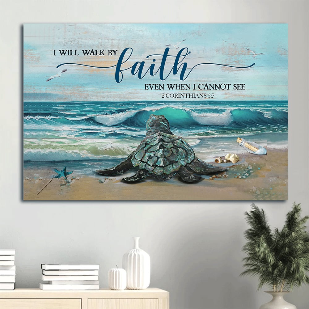 Big Sea Turtle Blue Ocean Drawing Seagull I Will Walk By Faith Even When I Cannot See Canvas Wall Art – Christian Wall Decor