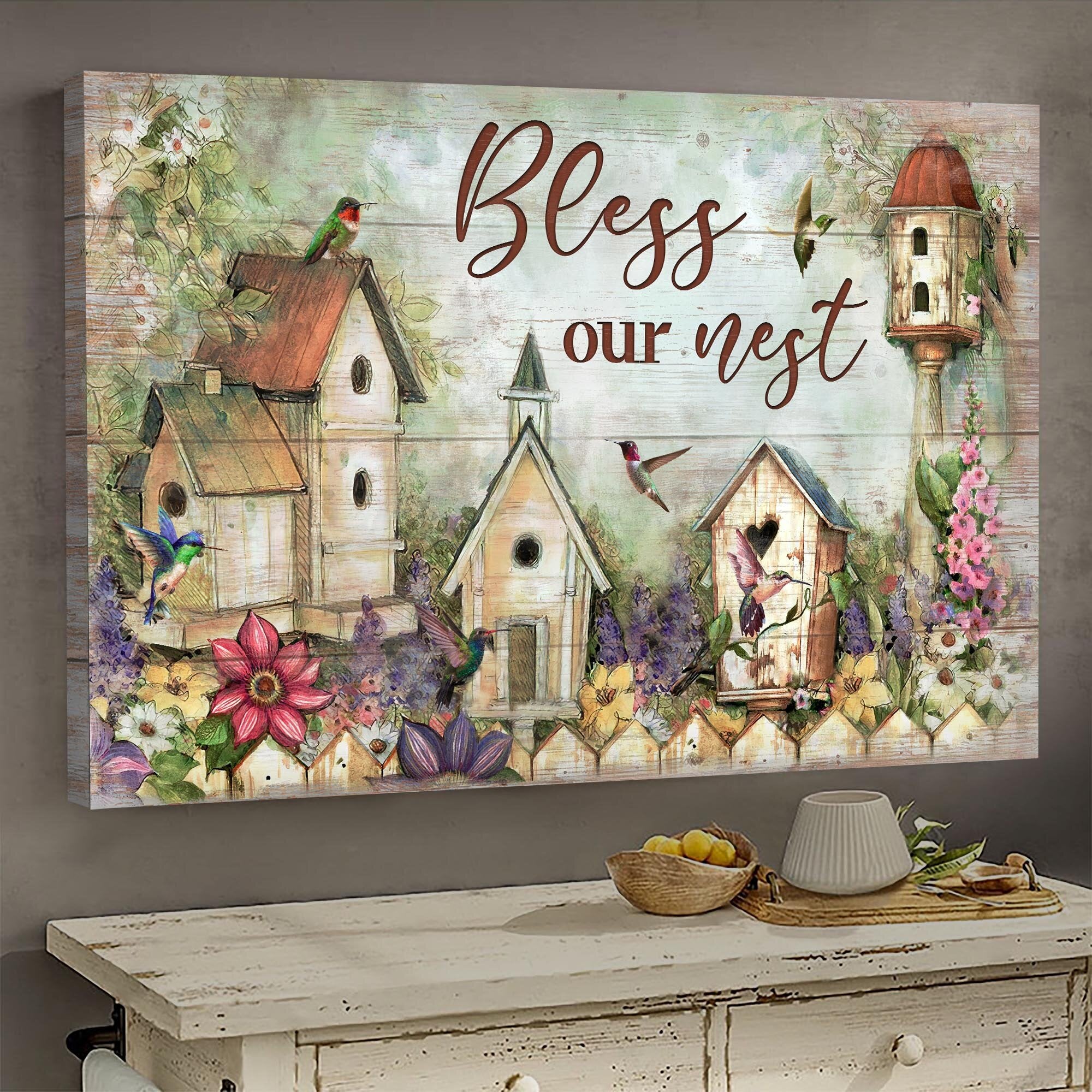 Bird Nest Flower Garden Bless Our Nest Canvas Wall Art – Christian Wall Decor