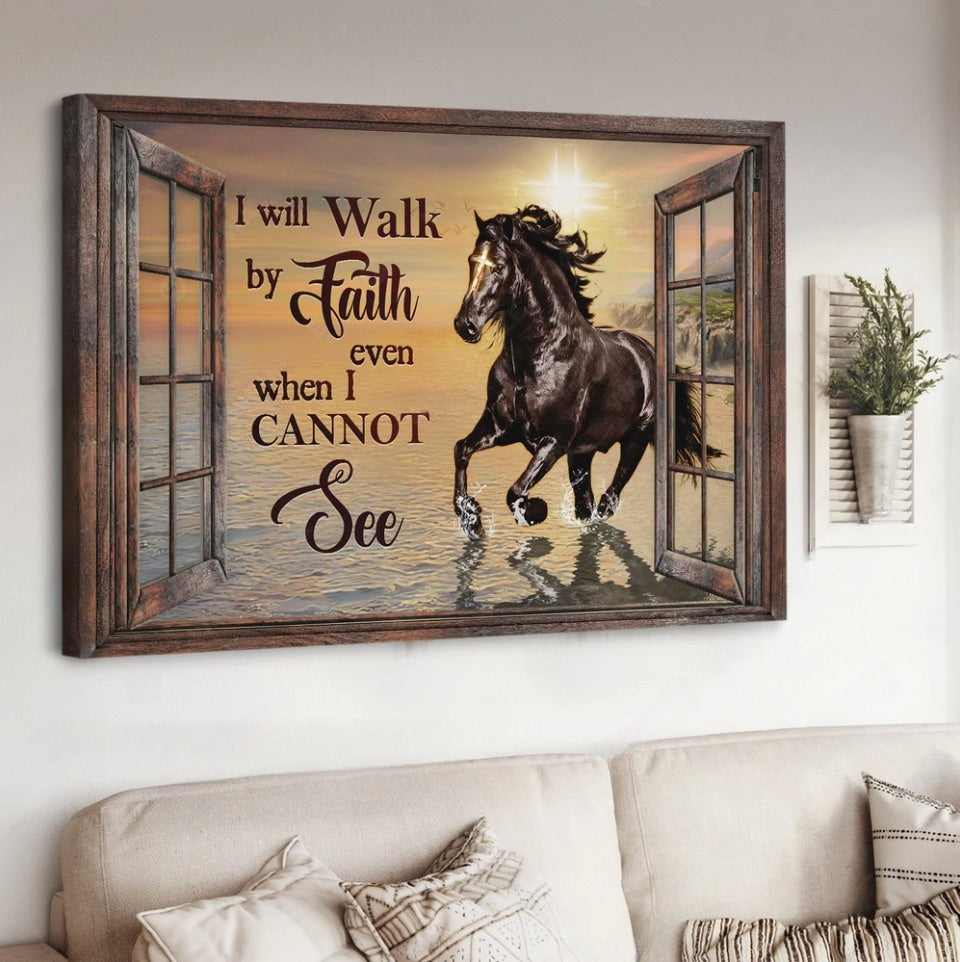 Black Horse Pretty Sunset I Will Walk By Faith Canvas Wall Art – Christian Poster – Religious Wall Decor