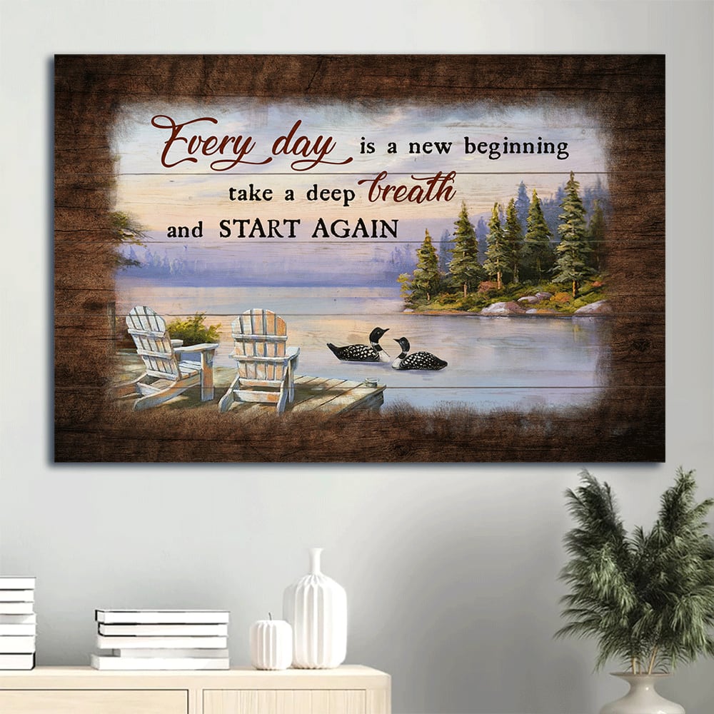 Black Swan On The River Lake View Painting Everyday Is A New Beginning Canvas Wall Art – Christian Wall Decor