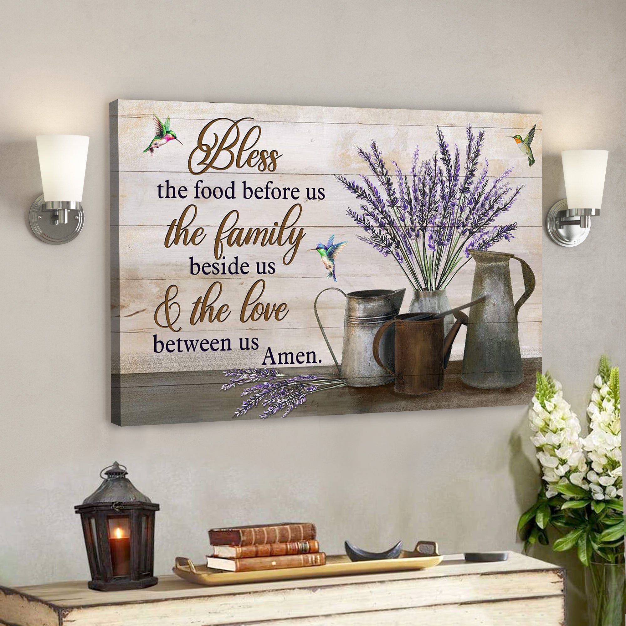 Bless The Food Before Us Canvas Wall Art – Lavender Vase With Hummingbird