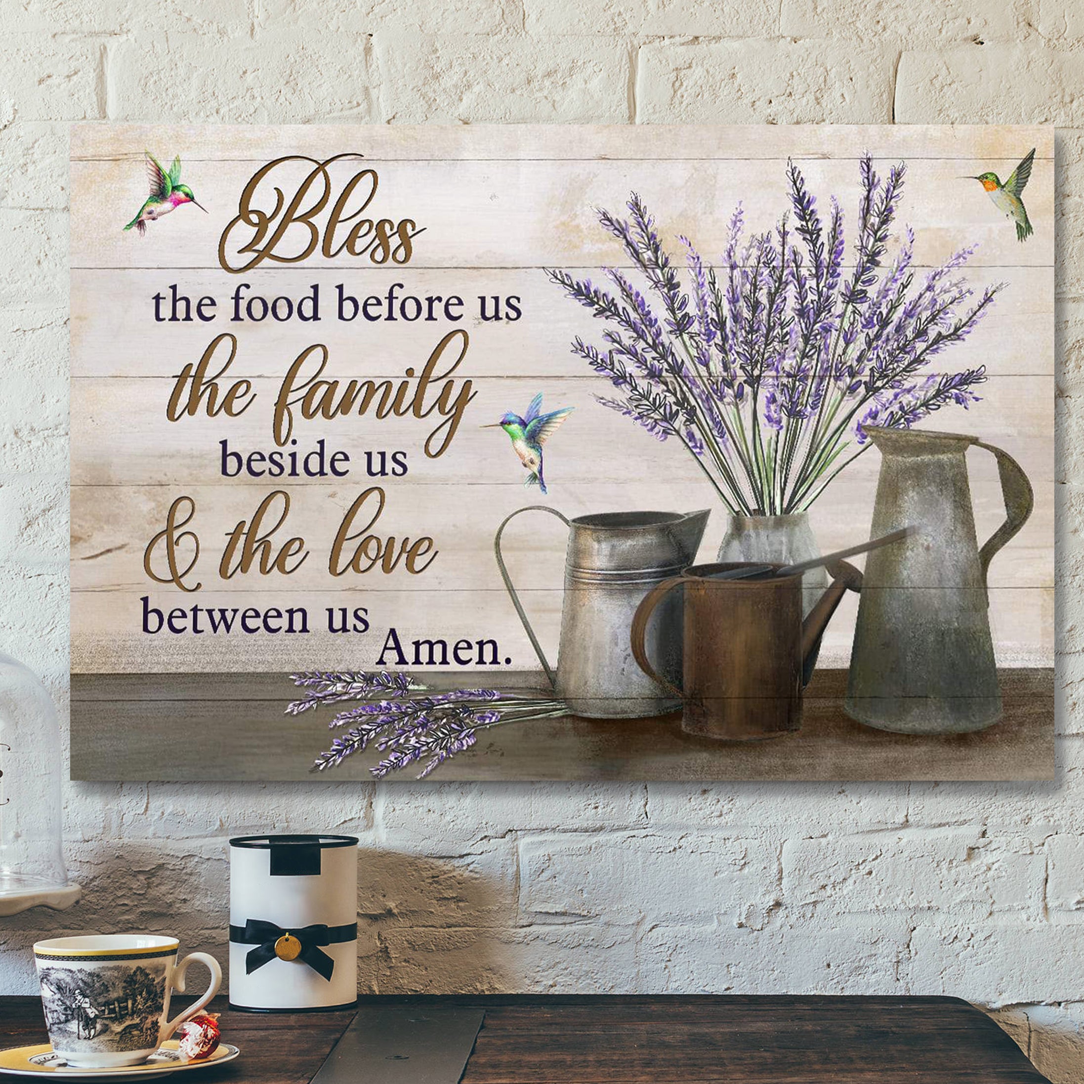 Bless The Food Before Us Canvas Wall Art – Lavender Vase With Hummingbird