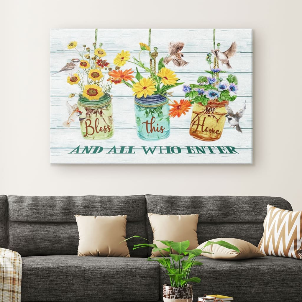 Bless This Home And All Who Enter Floral Sparrow Canvas Wall Art – Christian Canvas – Faith Canvas