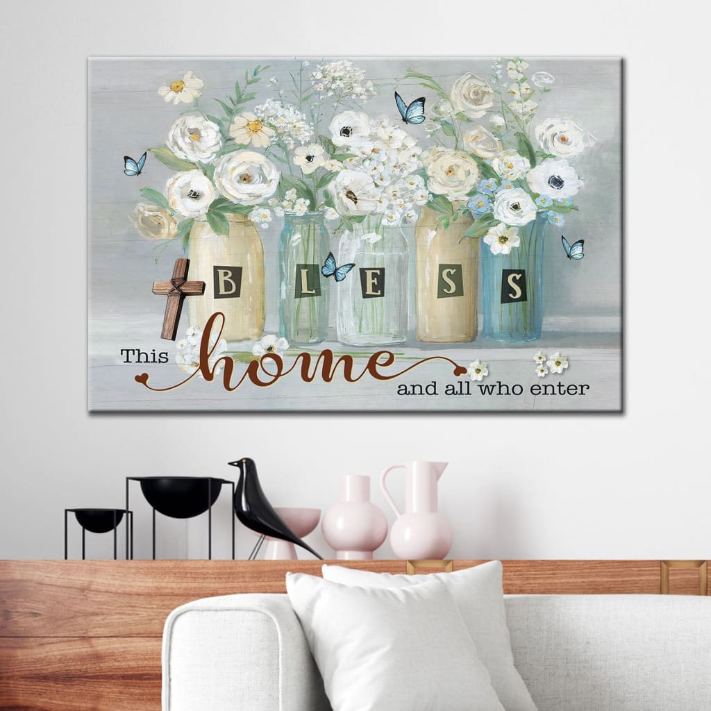 Bless This Home And All Who Enter Wall Art Canvas, Butterfly Flower Christian Wall Decor – Religious Wall Decor