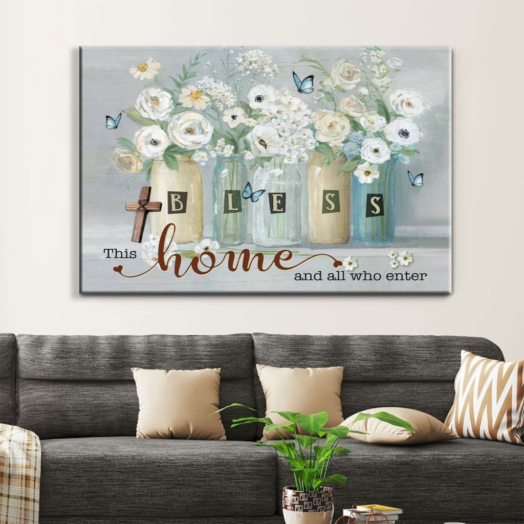 Bless This Home And All Who Enter Wall Art Canvas, Butterfly Flower Christian Wall Decor – Religious Wall Decor