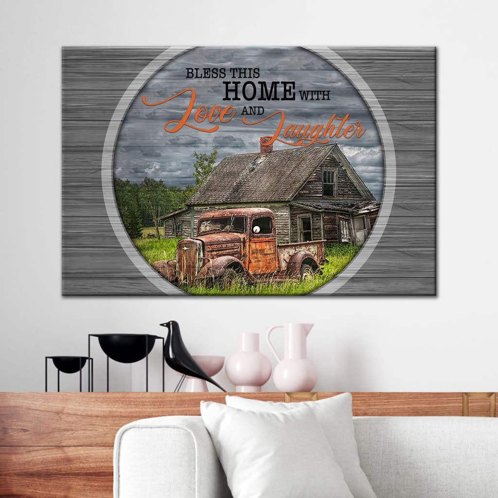 Bless This Home With Love And Laughter Farmhouse Canvas Wall Art – Christian Canvas – Faith Canvas