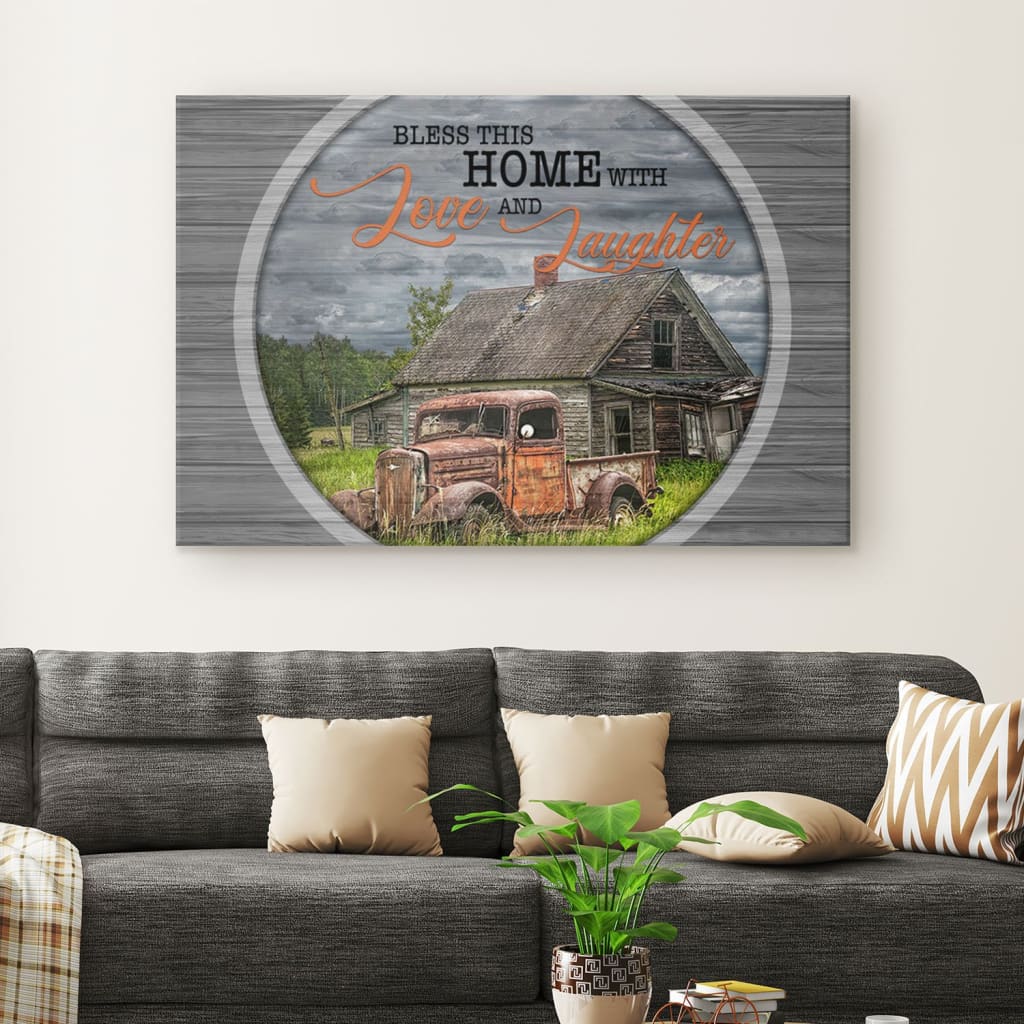 Bless This Home With Love And Laughter Farmhouse Canvas Wall Art – Christian Canvas – Faith Canvas