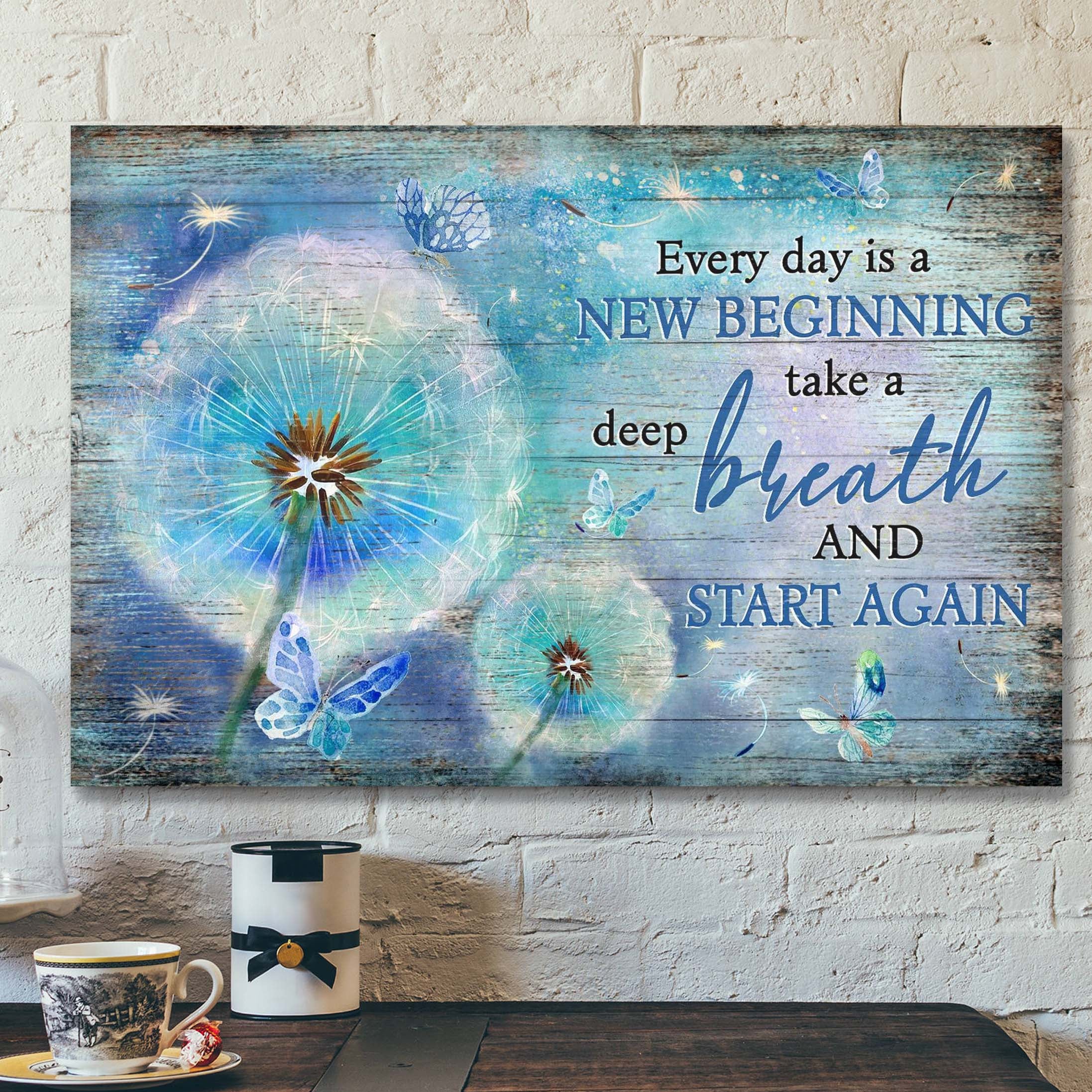 Blue Butterfly And Dandelion – Every Day Is A New Beginning Canvas Wall Art – Bible Verse Canvas – Scripture Canvas Wall Art