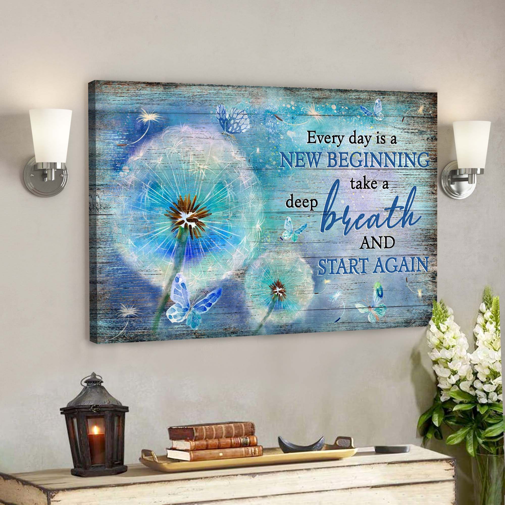 Blue Butterfly And Dandelion – Every Day Is A New Beginning Canvas Wall Art – Bible Verse Canvas – Scripture Canvas Wall Art