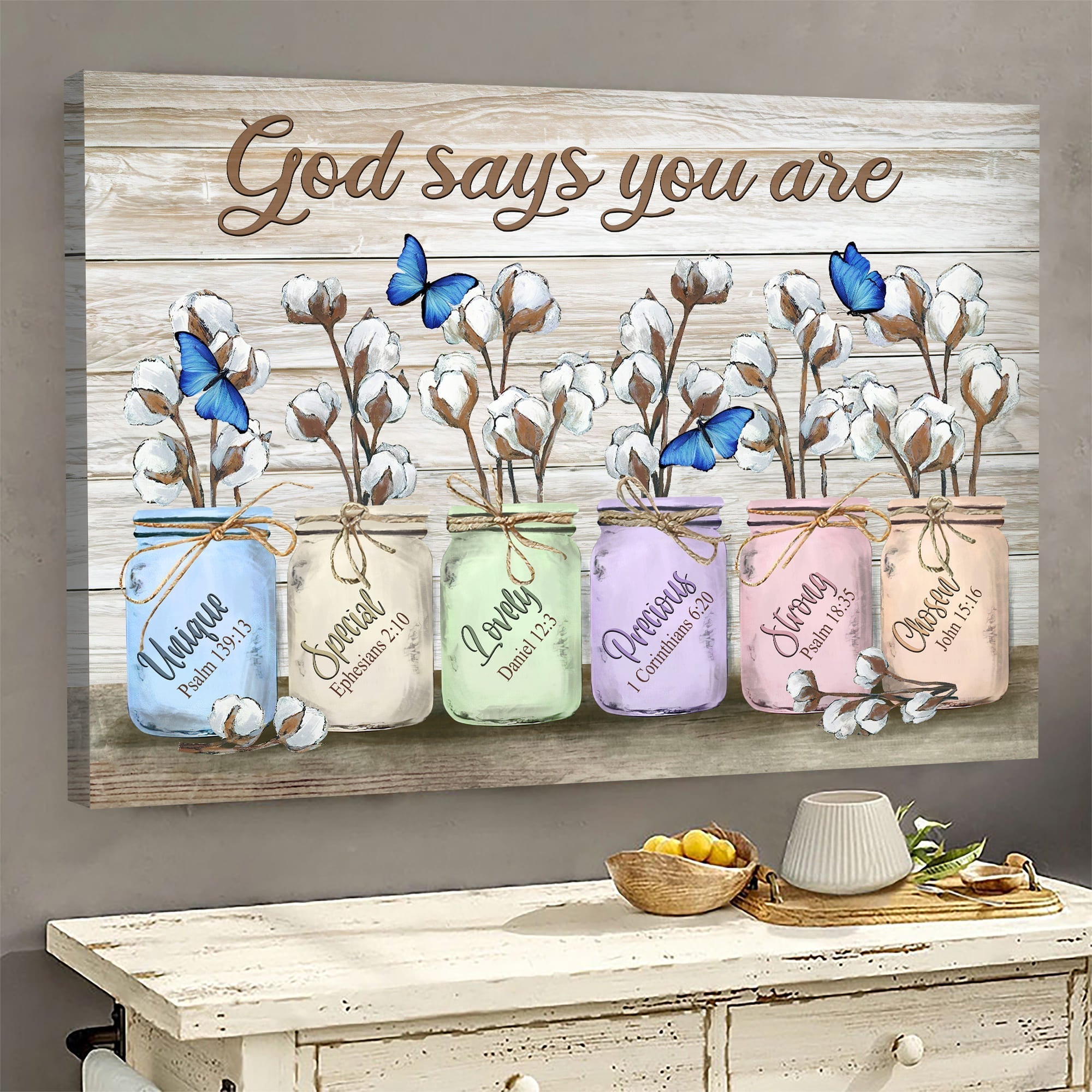 Blue Butterfly Cotton Flower Jar God Says You Are Canvas Wall Art – Christian Wall Decor