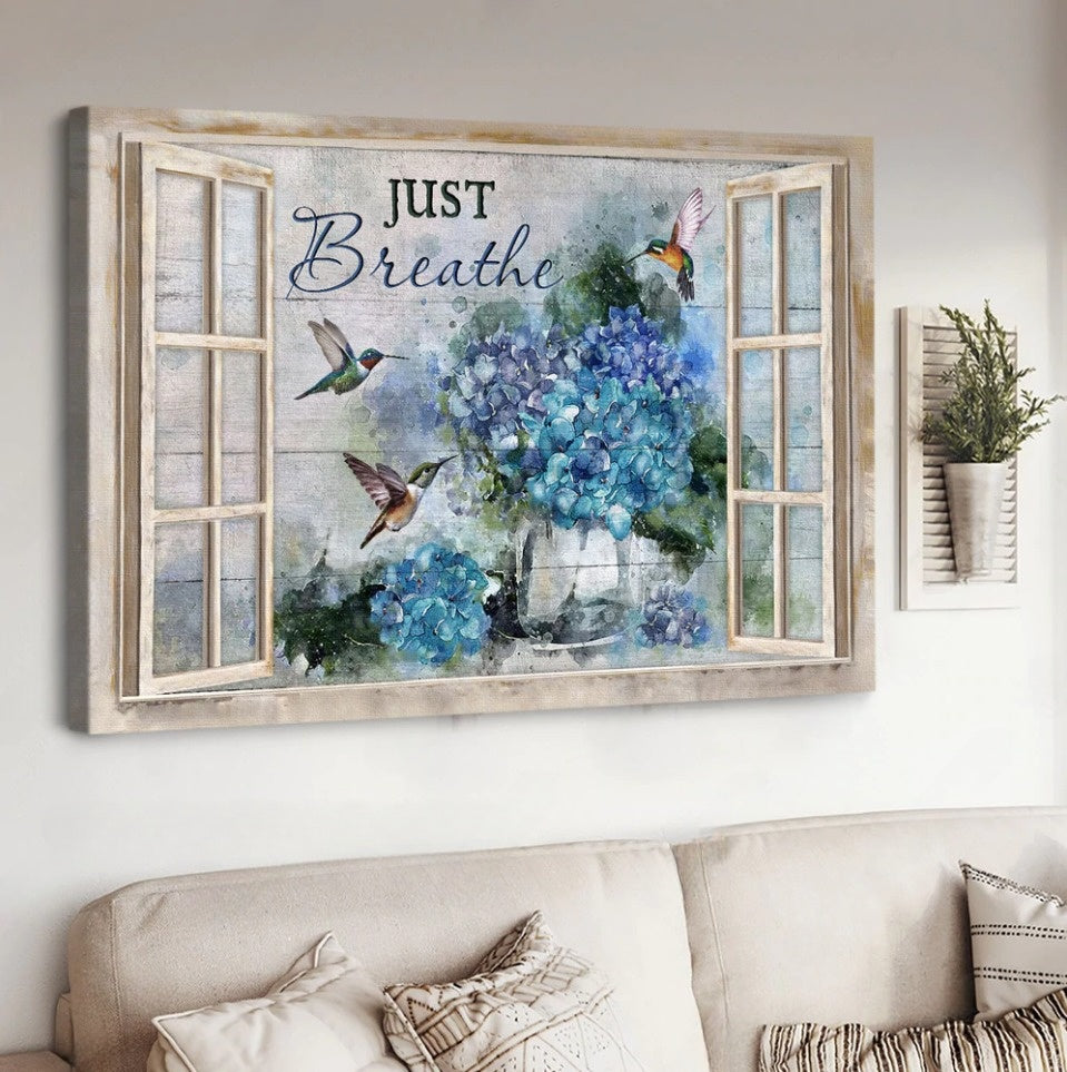 Blue Hydrangea Hummingbird Just Breathe Canvas Wall Art – Christian Poster – Religious Wall Decor