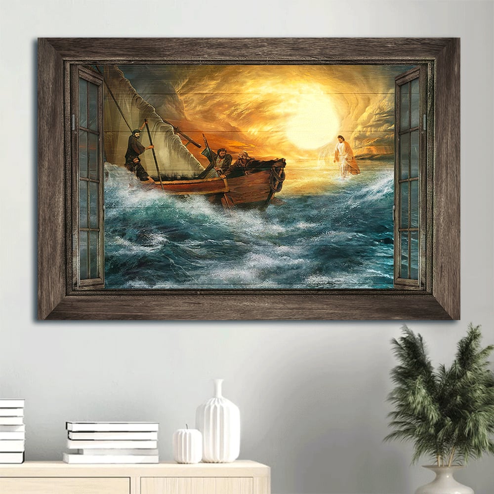 Blue Ocean Jesus Halo God Guides Us Through Storm Canvas Wall Art – Christian Wall Decor