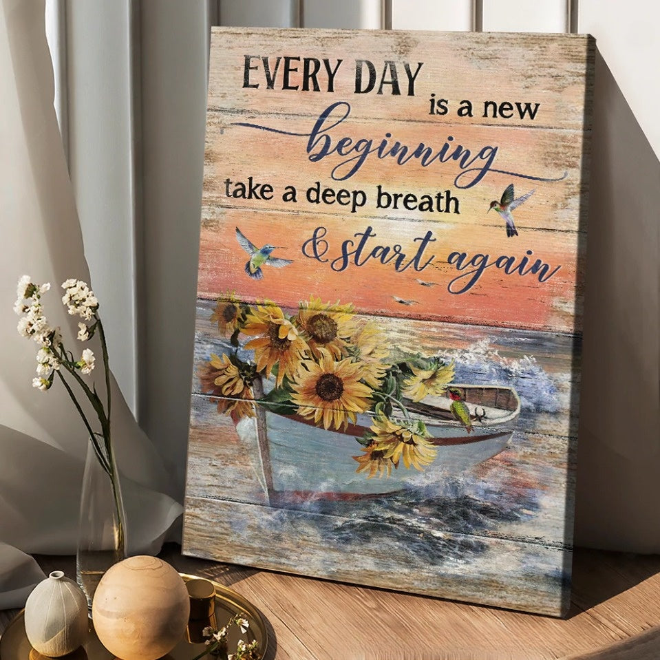 Boat And Sunflower Pretty Sunset Painting – Every Day Is A New Beginning Canvas Posters – Christian Wall Posters – Religious Wall Decor